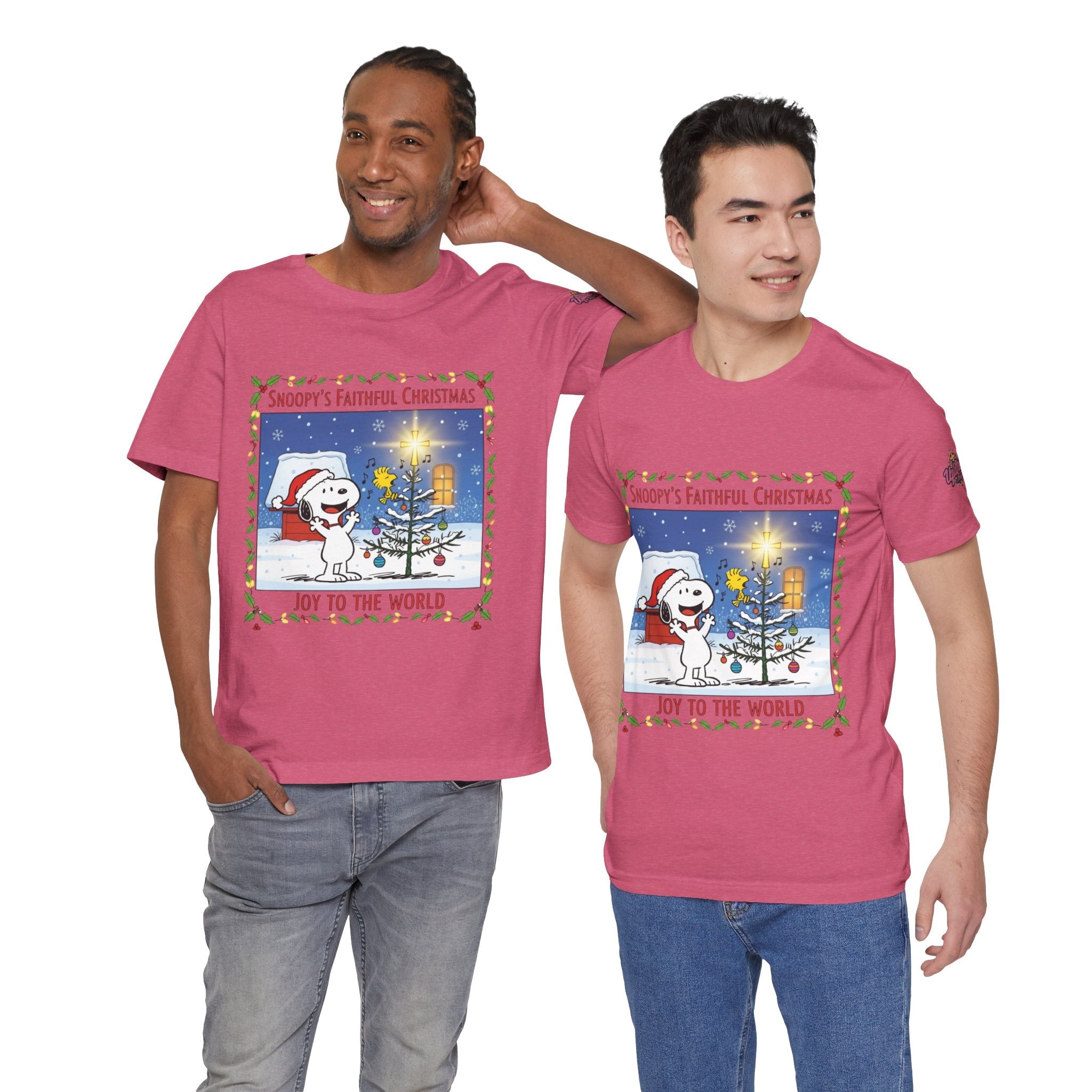 🎄 Faithful Christmas Friends – Christian Holiday T-Shirt | Festive Tree & Cartoon Duo | Heartwarming Christmas Tee by Uplifted Gear Printify