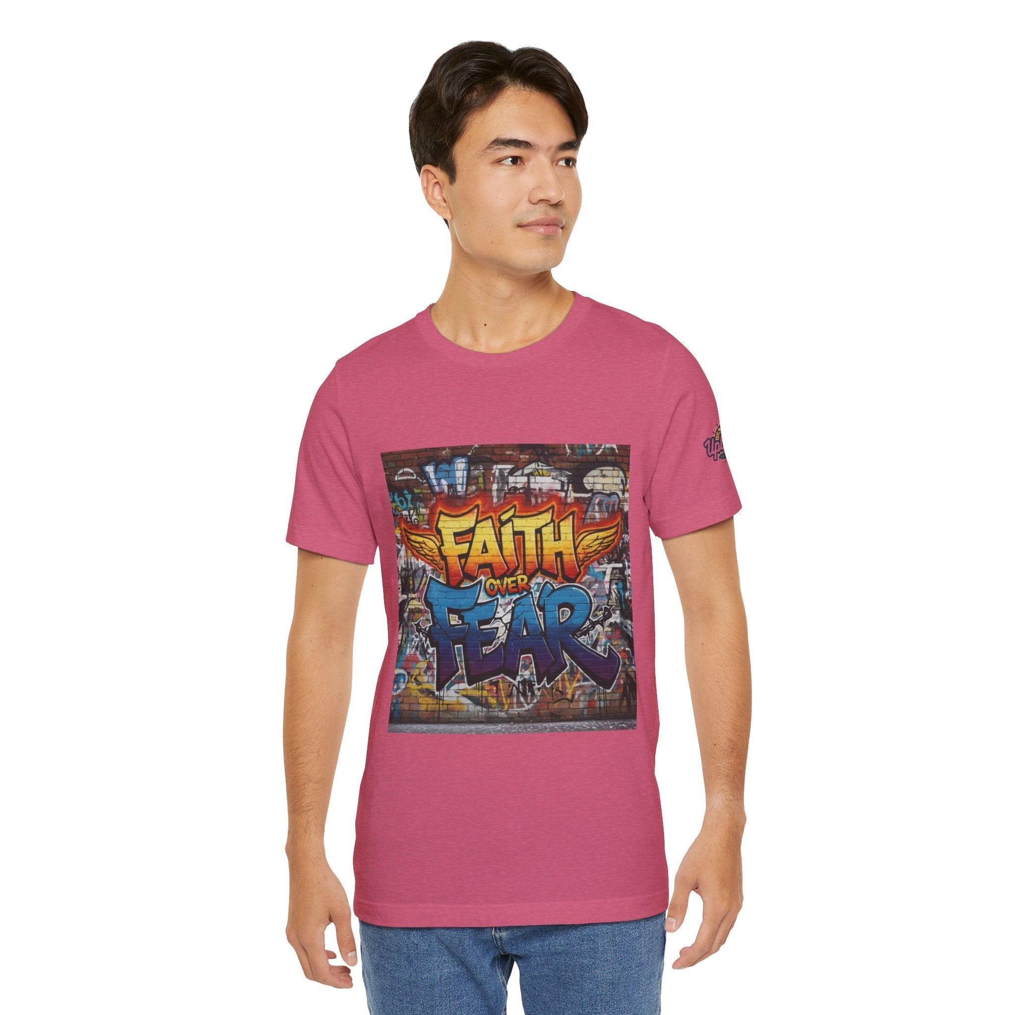 Faith Over Fear T-shirt – Graffiti Wall Christian T-shirt for Bold 2 Corinthians 5:7 Streetwear & Unshakable Faith Printify