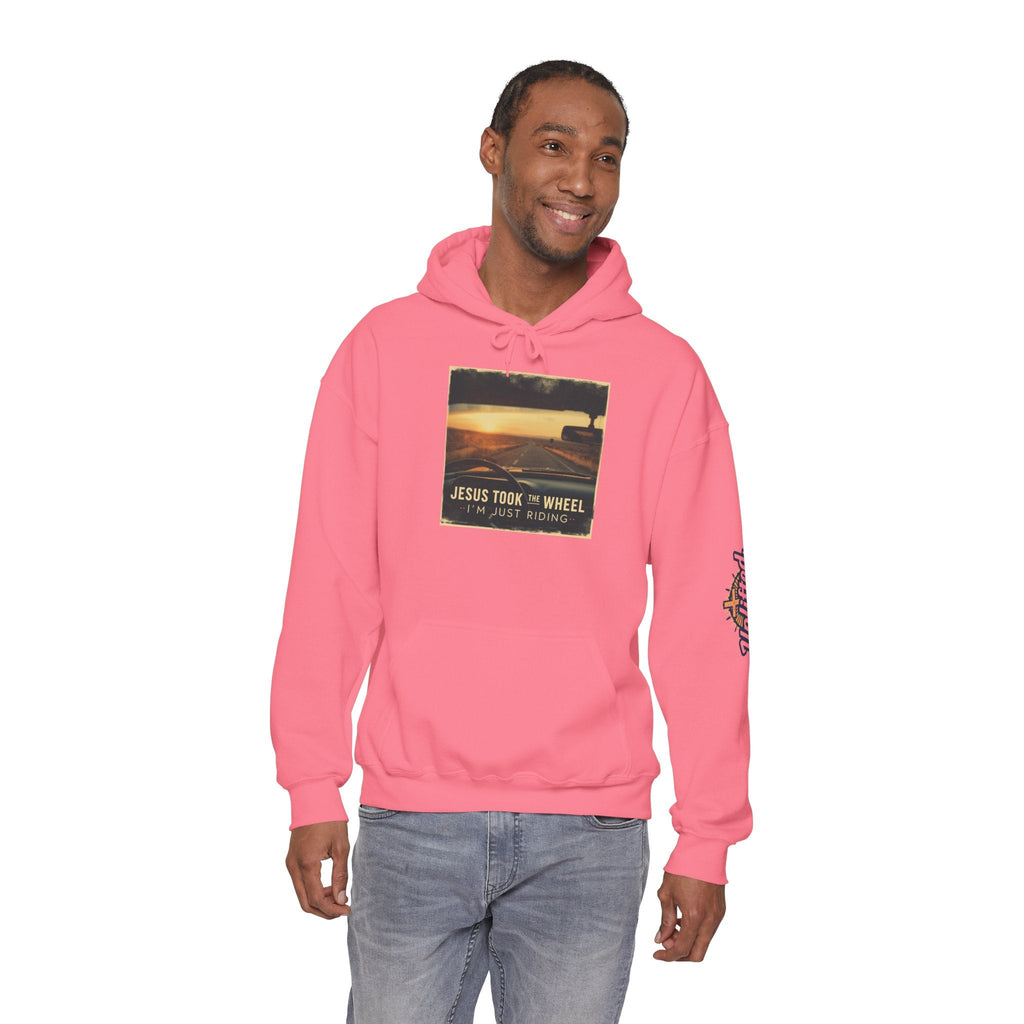 Jesus Took the Wheel I'm Just Riding Hoodie – Funny Christian Convertible Car Sweatshirt for Surrendered Faith & Humor Printify
