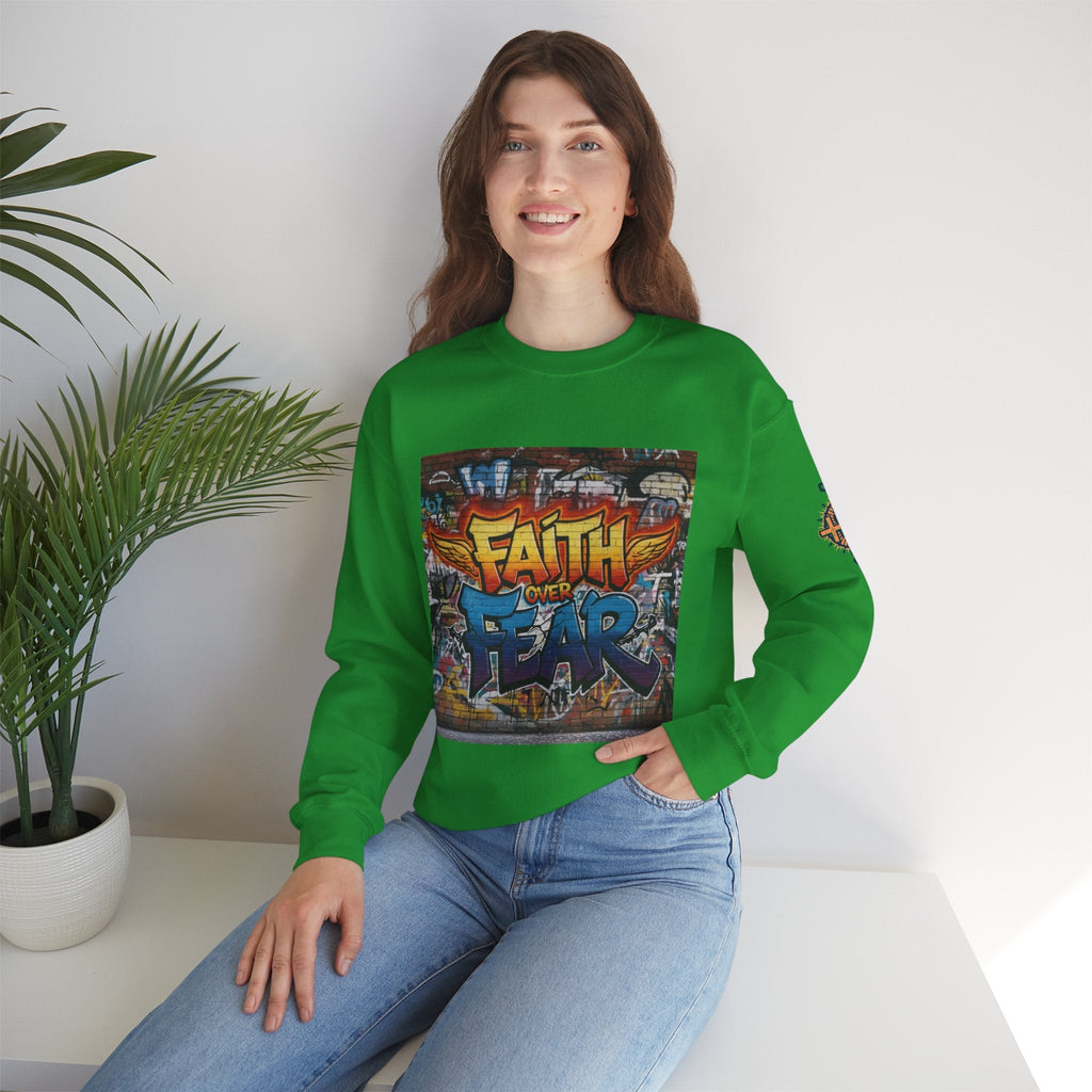 Faith Over Fear Sweatshirt – Graffiti Wall Christian Sweatshirt for Bold 2 Corinthians 5:7 Streetwear & Unshakable Faith Printify