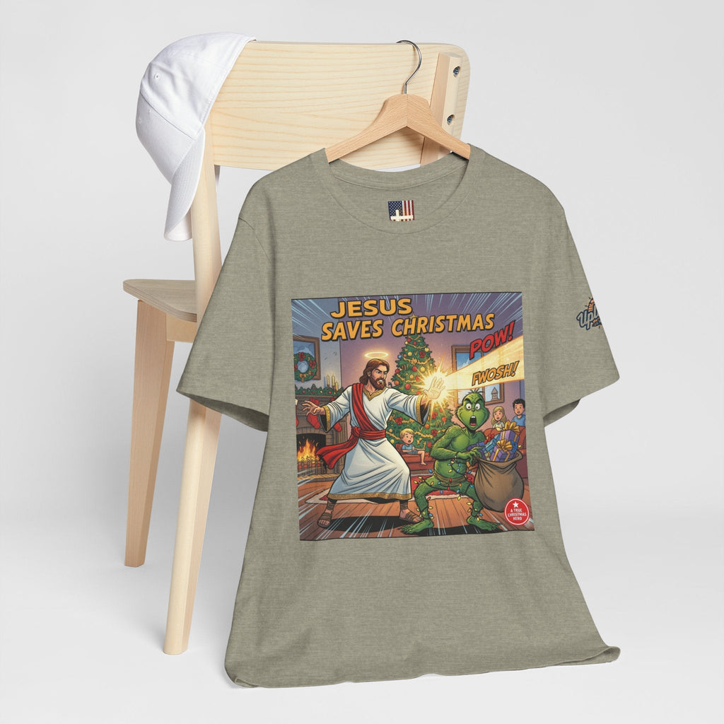 Jesus Saves Christmas T-shirt – Grinch vs Savior Light Battle Christian T-shirt for Hilarious Holiday Faith & True Joy Printify