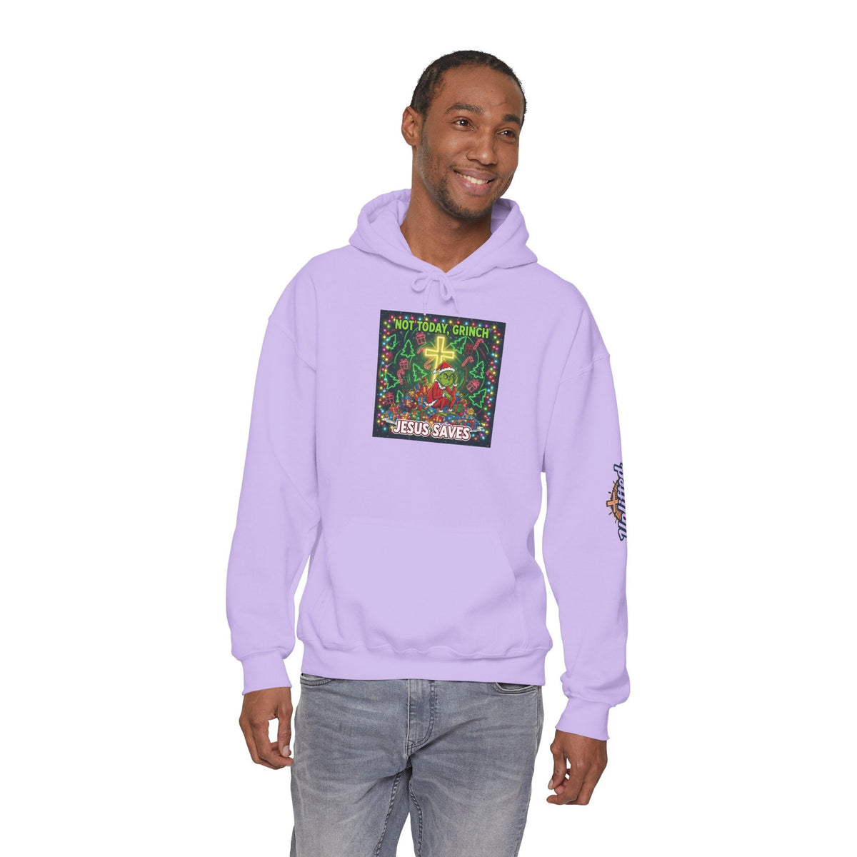 🎄 Not Today, Grinch – Jesus Saves | Funny Christian Christmas Hoodie | Festive Green & Red Cartoon Style | Bold Faith Holiday Tee by Uplifted Gear Printify