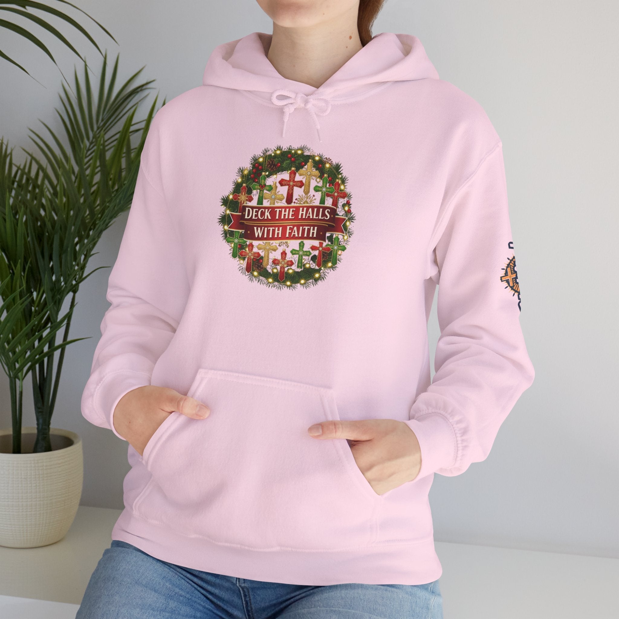 🎄 Deck the Halls with Faith – Christian Christmas Hoodie | Cross Ornament Design & Festive Garland | Bold Holiday Faith Tee by Uplifted Gear Printify