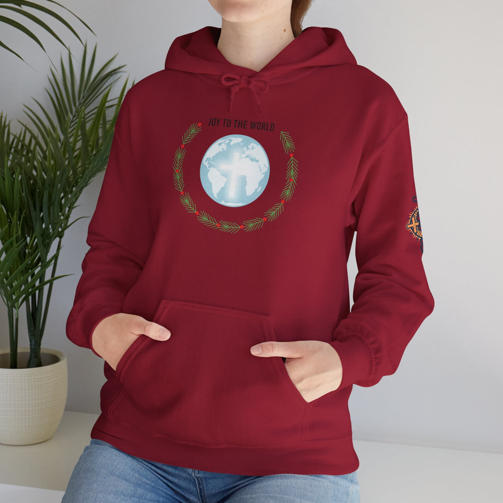 Joy to the World Hoodie – Wreath Earth Nativity Christian Christmas Sweatshirt for Isaiah 9:6 Holiday Faith & Festive Joy Printify