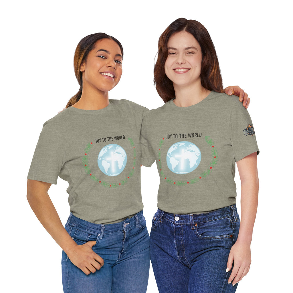Joy to the World T-shirt – Wreath Earth Nativity Christian Christmas T-shirt for Isaiah 9:6 Holiday Faith & Festive Joy Printify