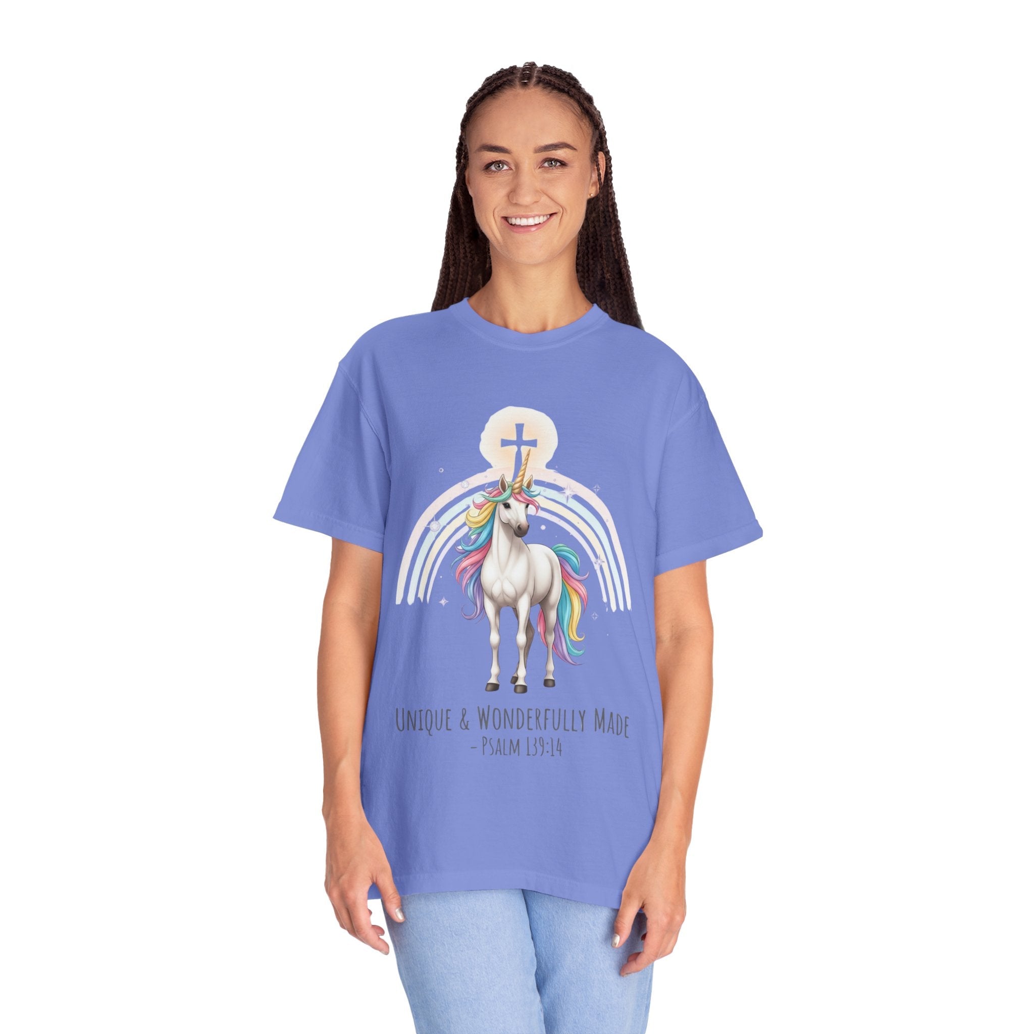 Unique Unicorn Christian T-Shirt – Wonderfully Made with Rainbow Cross & Psalm 139:14 Printify