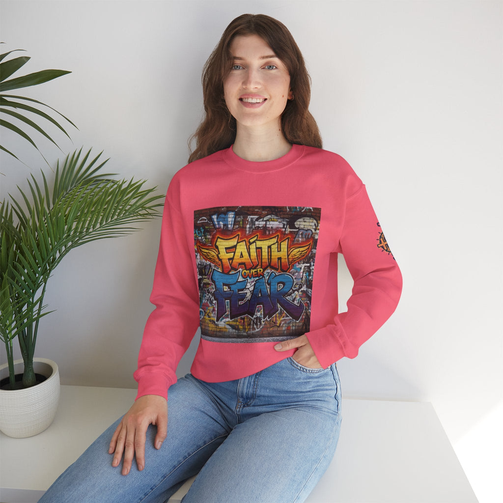 Faith Over Fear Sweatshirt – Graffiti Wall Christian Sweatshirt for Bold 2 Corinthians 5:7 Streetwear & Unshakable Faith Printify