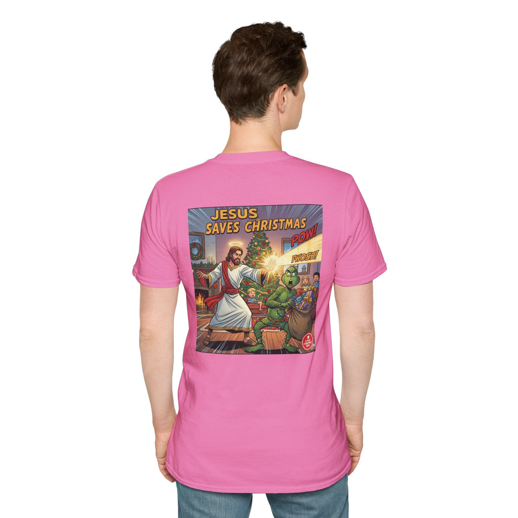 Jesus Saves Christmas T-shirt – Grinch vs Savior Light Battle Christian T-shirt for Hilarious Holiday Faith & True Joy Printify