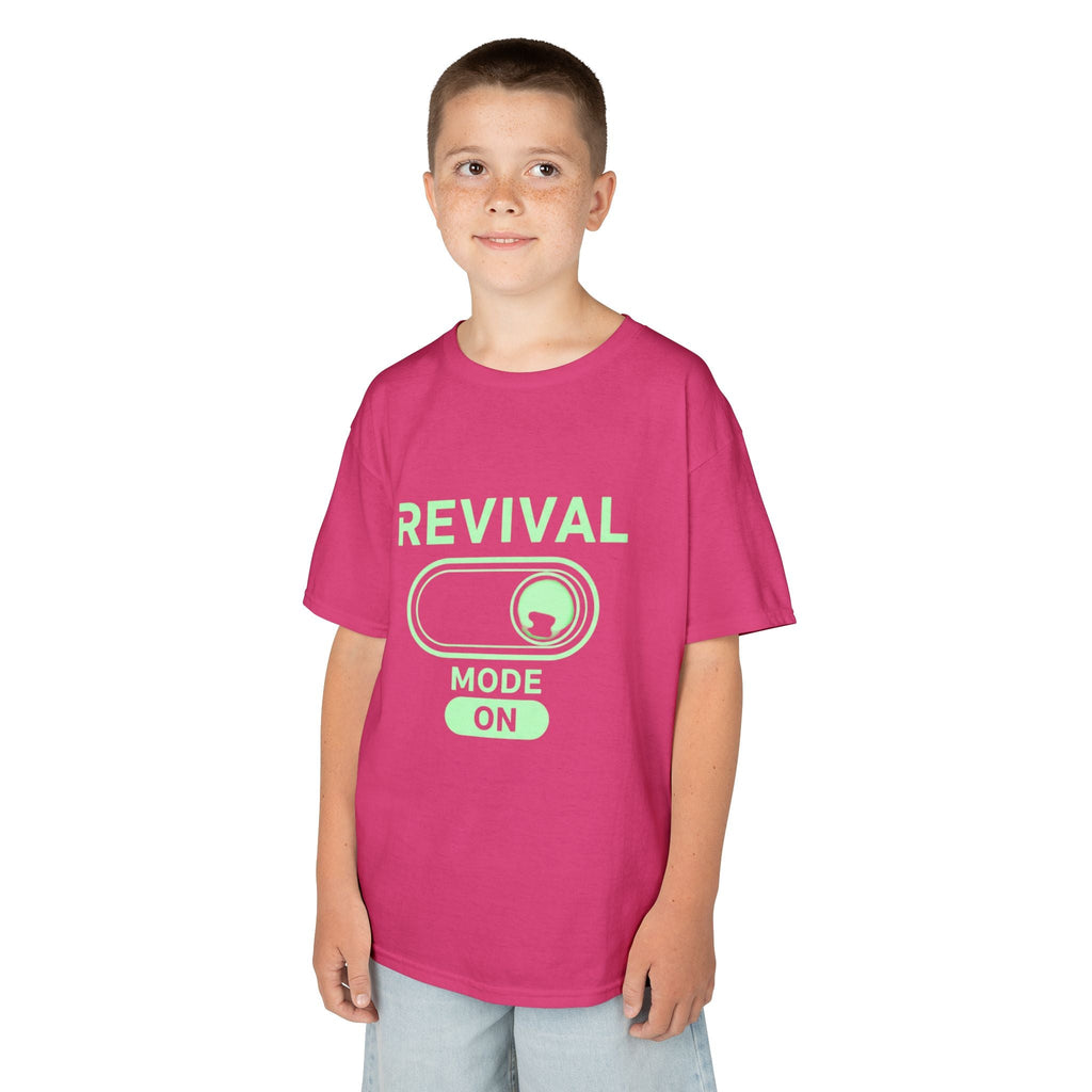 🔥 Revival Mode: ON – Christian Techwear Kids T-Shirt | Glowing Green Faith Switch | Futuristic Jesus Shirt | Activate Your Spiritual Awakening | Uplifted Gear Printify