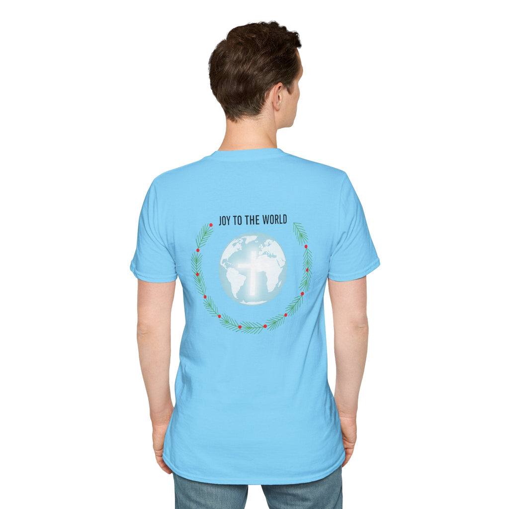 Joy to the World T-shirt – Wreath Earth Nativity Christian Christmas T-shirt for Isaiah 9:6 Holiday Faith & Festive Joy Printify