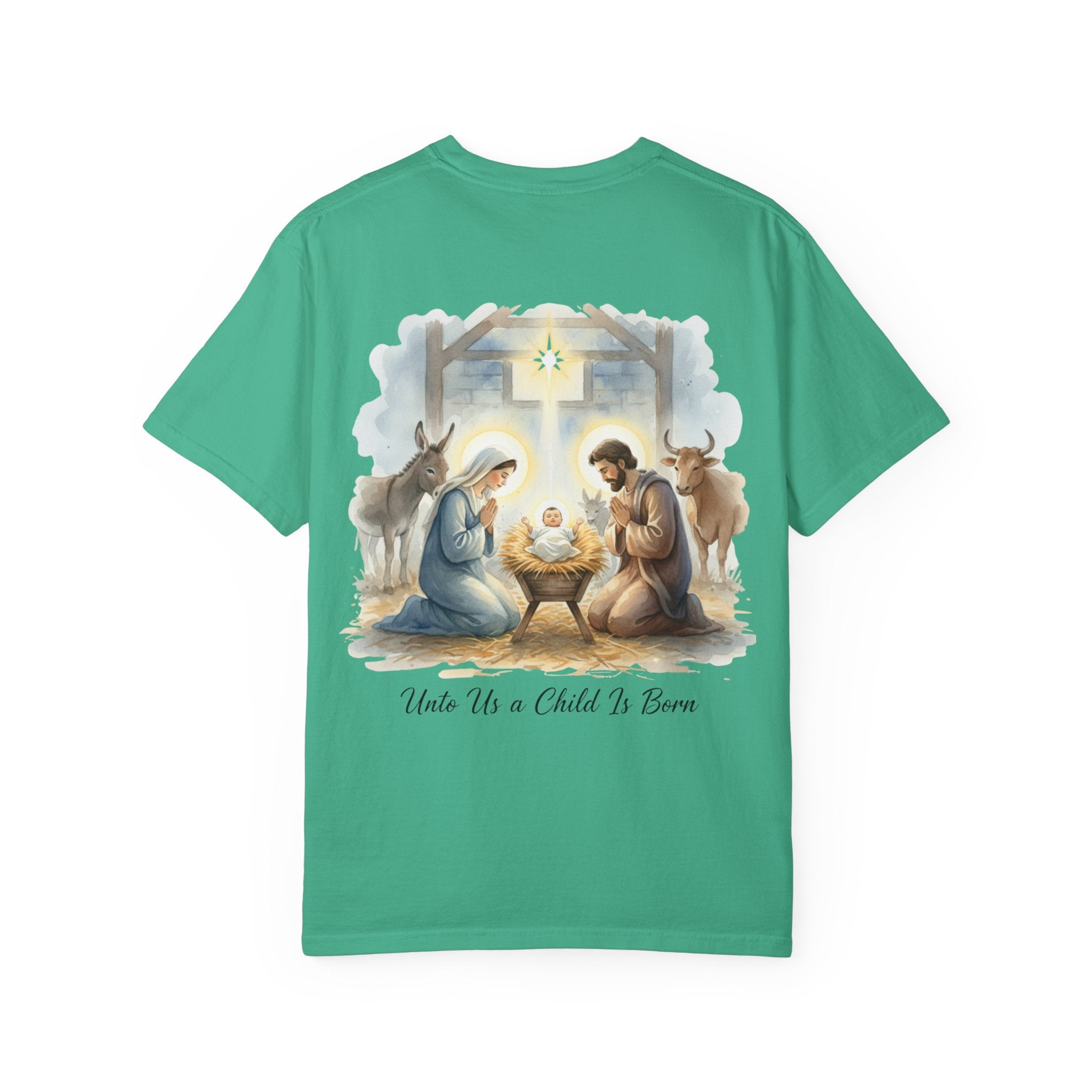 Unto Us a Child is Born T-shirt – Isaiah 9:6 Nativity Manger Scene Christian Christmas T-shirt for Holy Night Faith Printify