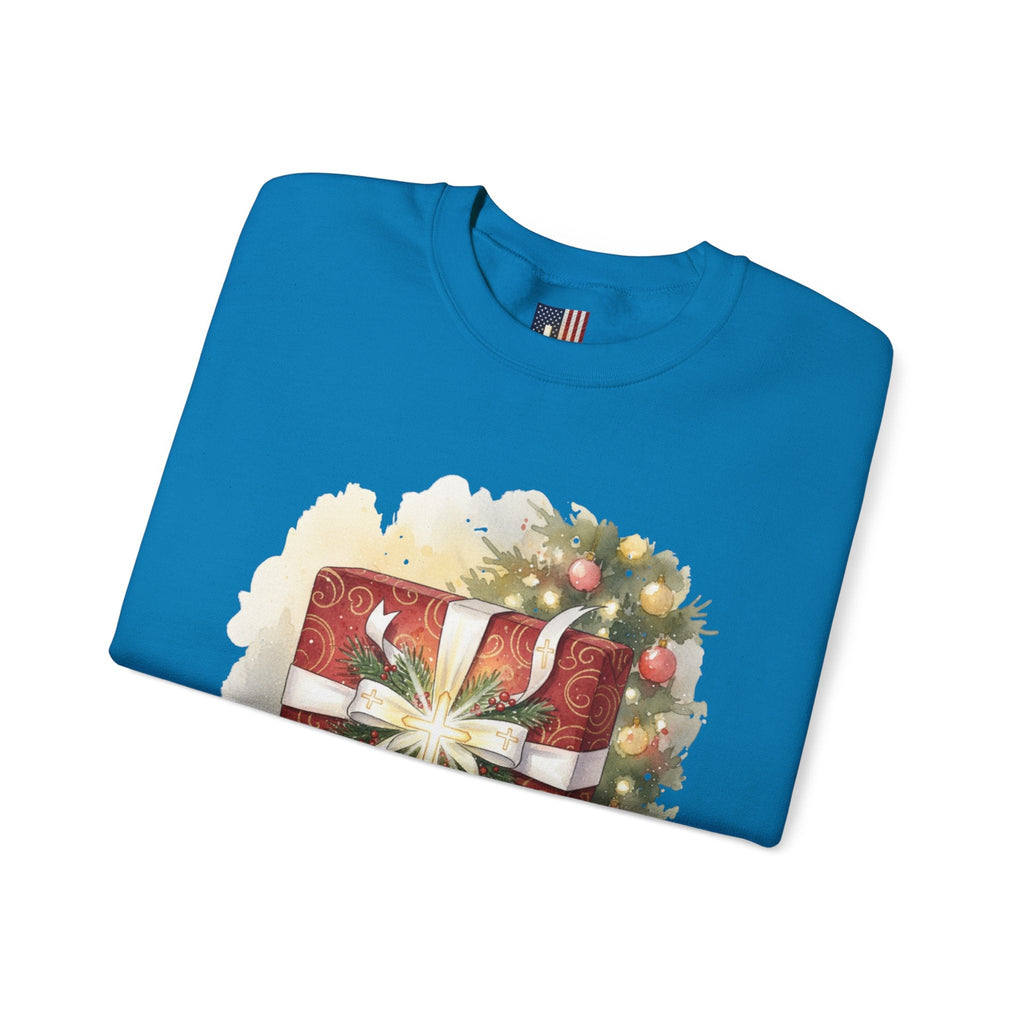 The Greatest Gift Sweatshirt – Cross Bow Present Christian Sweatshirt for Christmas Salvation & Eternal Faith Printify