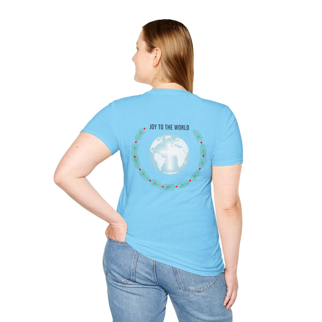 Joy to the World T-shirt – Wreath Earth Nativity Christian Christmas T-shirt for Isaiah 9:6 Holiday Faith & Festive Joy Printify