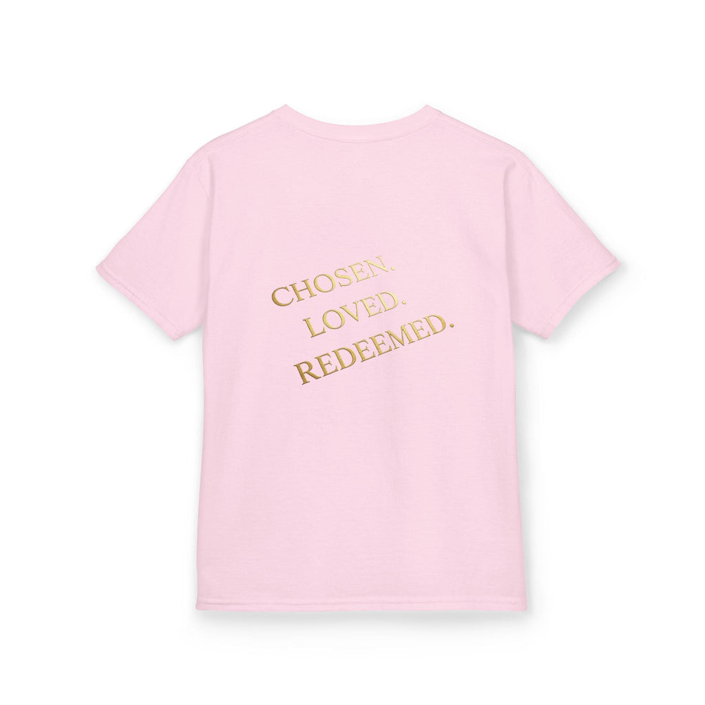 ✨ Chosen. Loved. Redeemed. – Elegant Christian Kids T-Shirt | Gold Foil Faith Tee | Subtle Cross & Heart Design | Inspirational Bible Verse Apparel by Uplifted Gear Printify