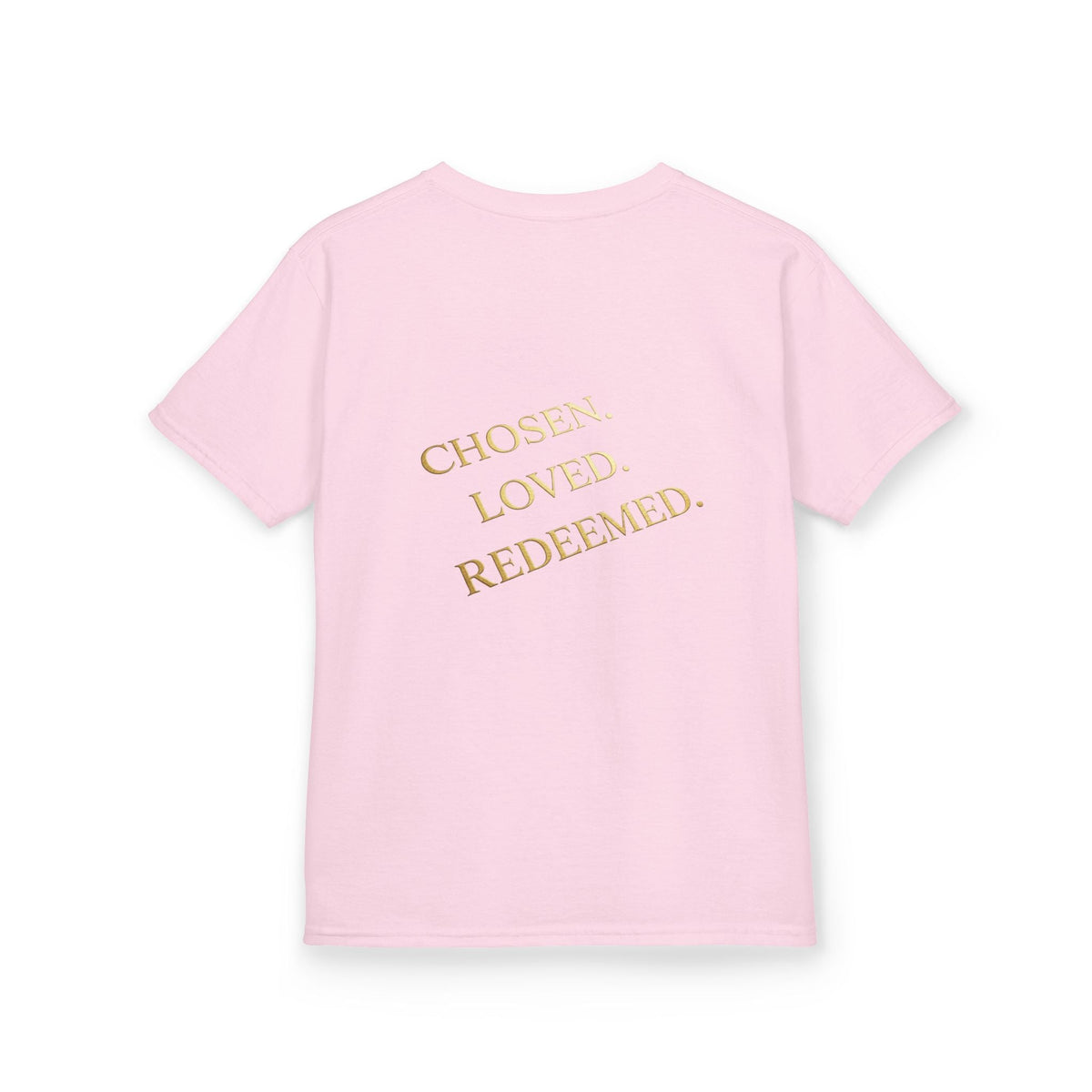 ✨ Chosen. Loved. Redeemed. – Elegant Christian Kids T-Shirt | Gold Foil Faith Tee | Subtle Cross & Heart Design | Inspirational Bible Verse Apparel by Uplifted Gear Printify