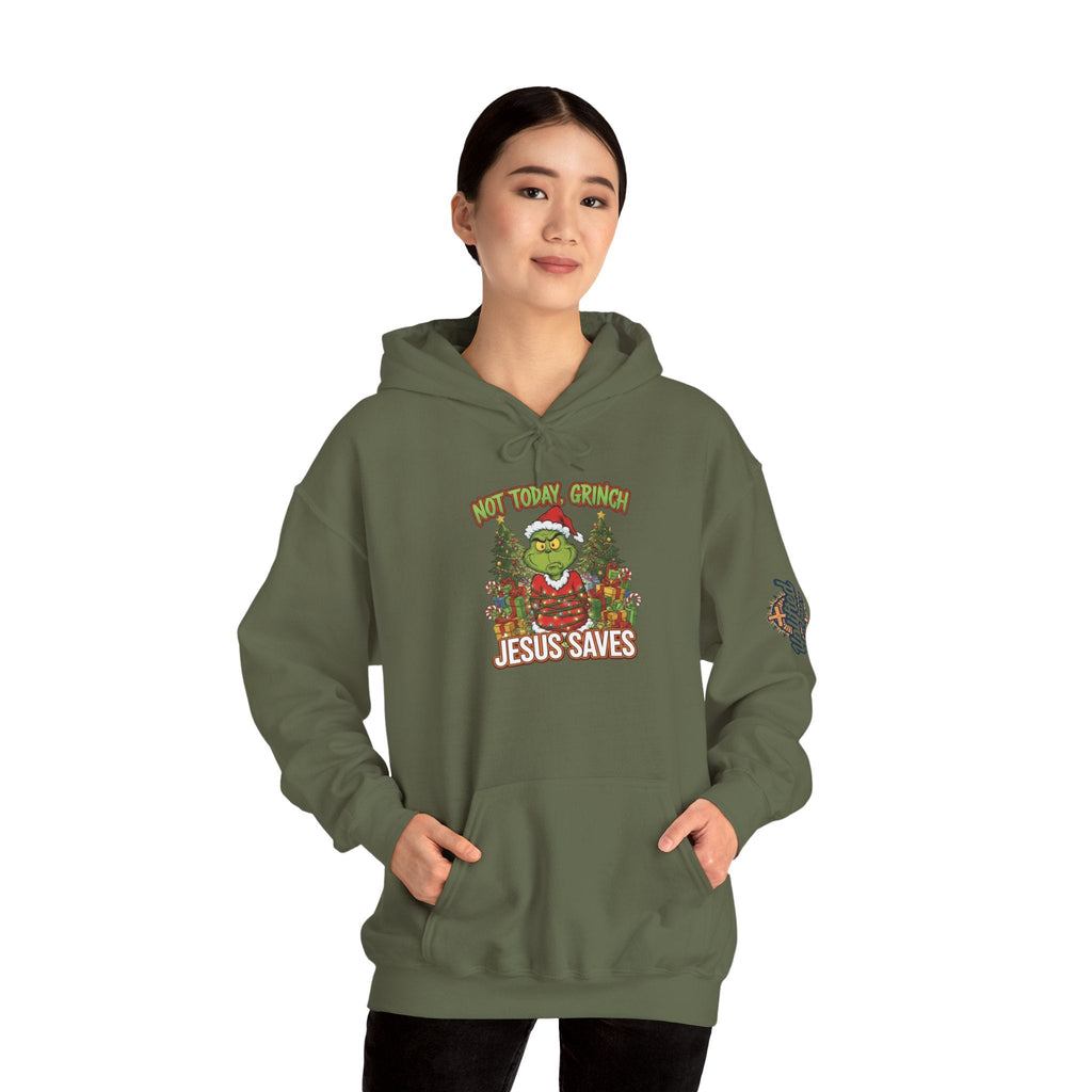 🎄 Not Today, Grinch – Jesus Saves | Funny Christian Christmas Hoodie | Sulking Grinch & Glowing Cross | Bold Neon Faith Tee by Uplifted Gear Printify