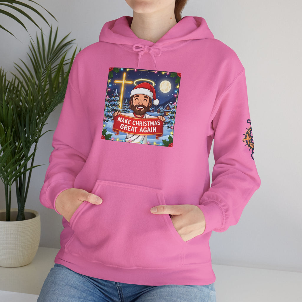 🎄 Make Christmas Great Again – Funny Christian Hoodie | Jesus Holding Banner | Faith-Based Holiday Parody Tee | Uplifted Gear Printify