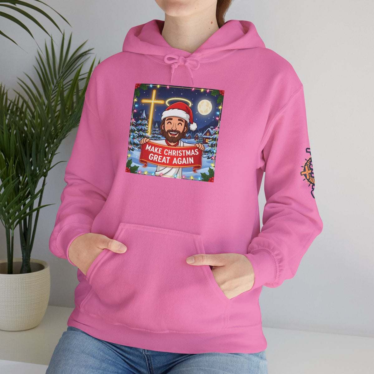 🎄 Make Christmas Great Again – Funny Christian Hoodie | Jesus Holding Banner | Faith-Based Holiday Parody Tee | Uplifted Gear Printify