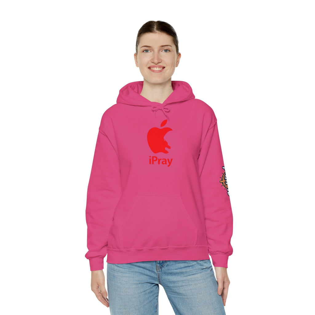 iPray Apple Logo Hoodie — Funny Christian Hoodie (Minimal Red Apple Graphic) Printify