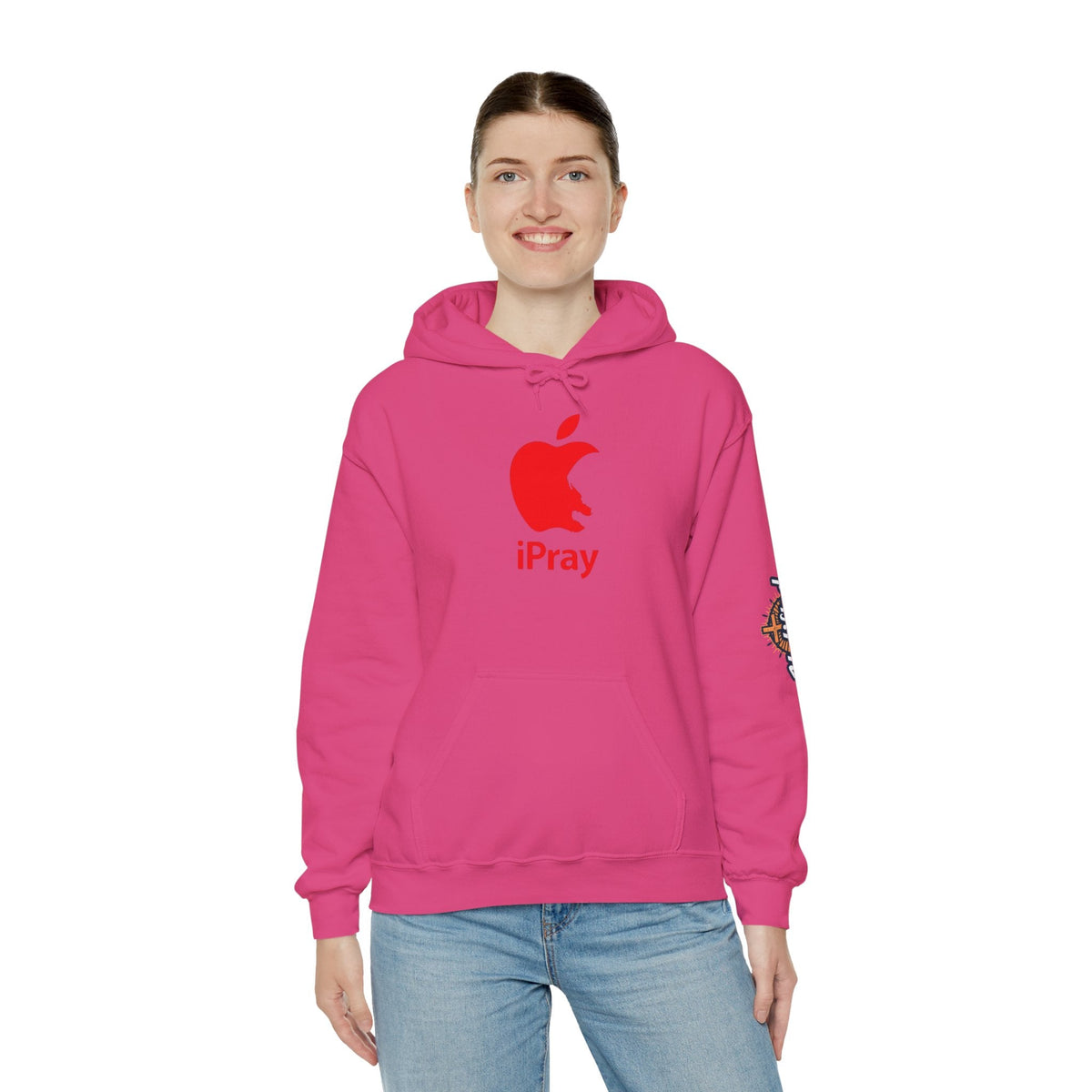 iPray Apple Logo Hoodie — Funny Christian Hoodie (Minimal Red Apple Graphic) Printify