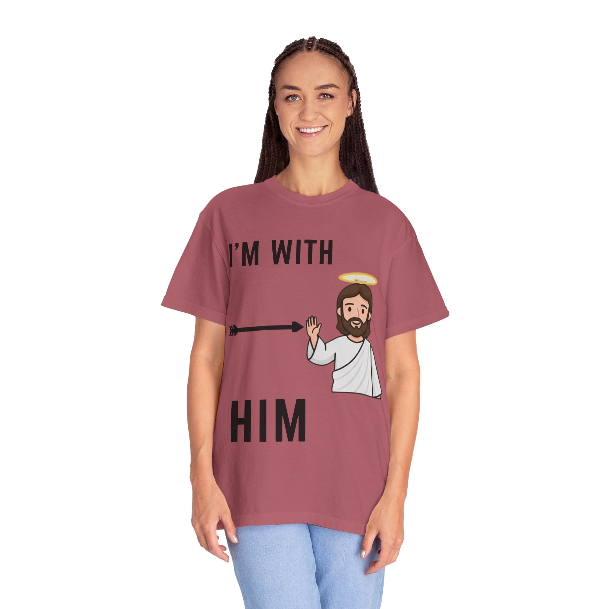 🔥 I’m With Him → Christian T-Shirt | Arrow Pointing to Jesus | Minimalist Faith Tee | Subtle Cross Design | Bible-Inspired Apparel by Uplifted Gear Printify