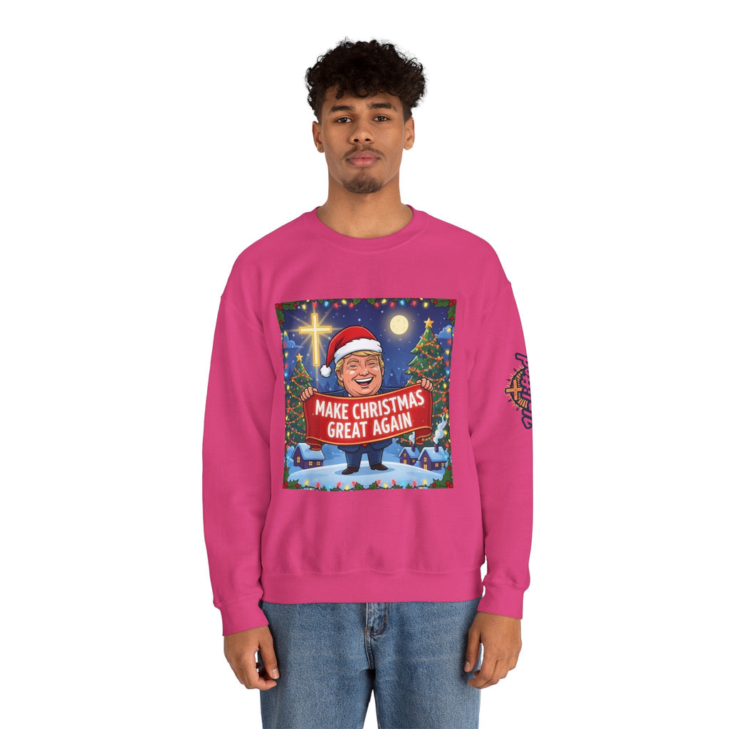 🎄 Make Christmas Great Again – Patriotic Christian Christmas Sweatshirt | Bold Holiday Faith Tee | Red & White Banner Design | Uplifted Gear Printify