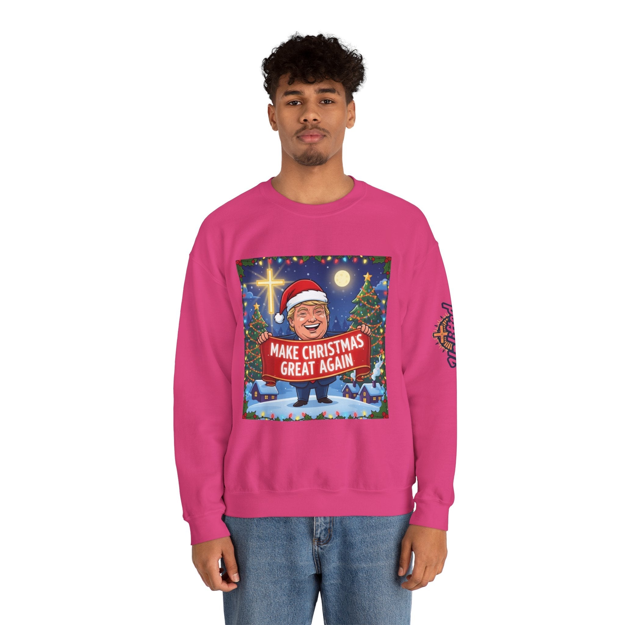 🎄 Make Christmas Great Again – Patriotic Christian Christmas Sweatshirt | Bold Holiday Faith Tee | Red & White Banner Design | Uplifted Gear Printify