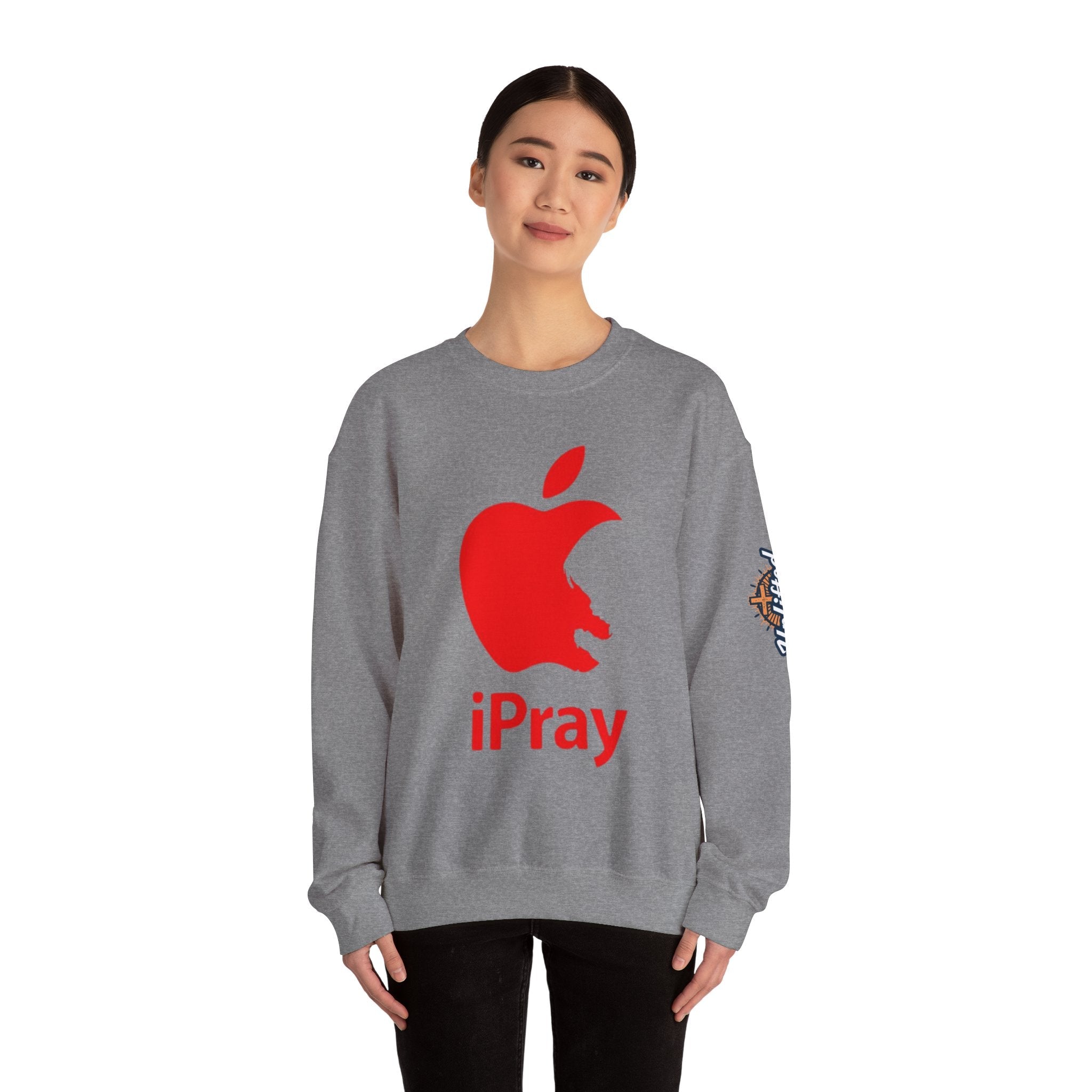 iPray Apple Logo Sweatshirt — Funny Christian Sweatshirt (Minimal Red Apple Graphic) Printify