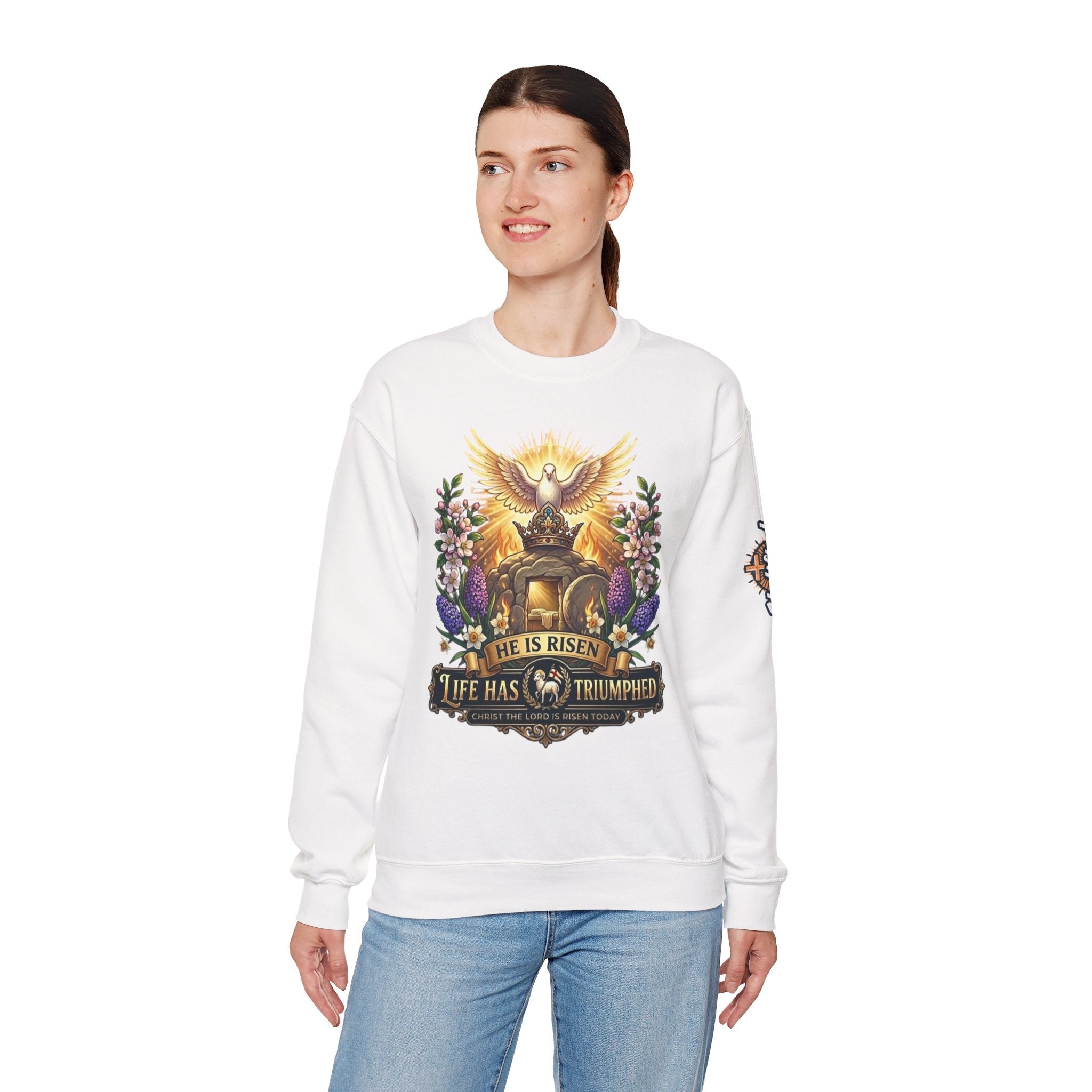 He Is Risen "Life Has Triumphed" Sweatshirt — Easter Resurrection Christian Sweatshirt Printify