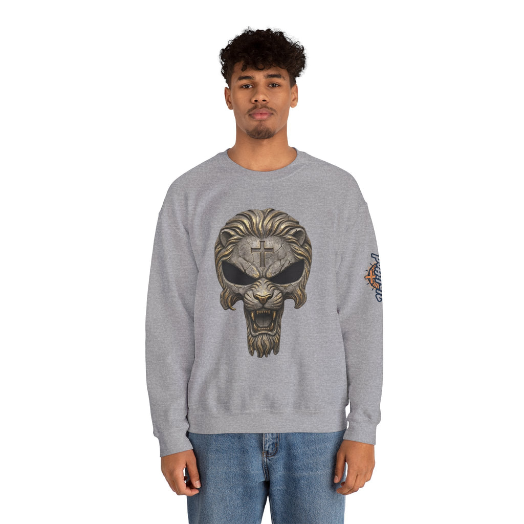 Lion of Judah Skull Christian Sweatshirt - Warrior Faith Cross Sweatshirt Printify