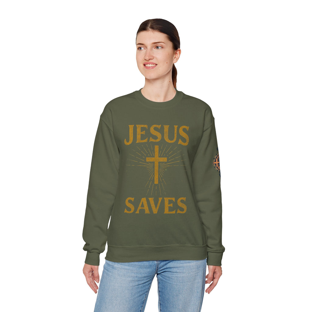Jesus Saves Sweatshirt – Radiant Cross & Rays of Light Christian Sweatshirt for Eternal Hope & Faith Printify