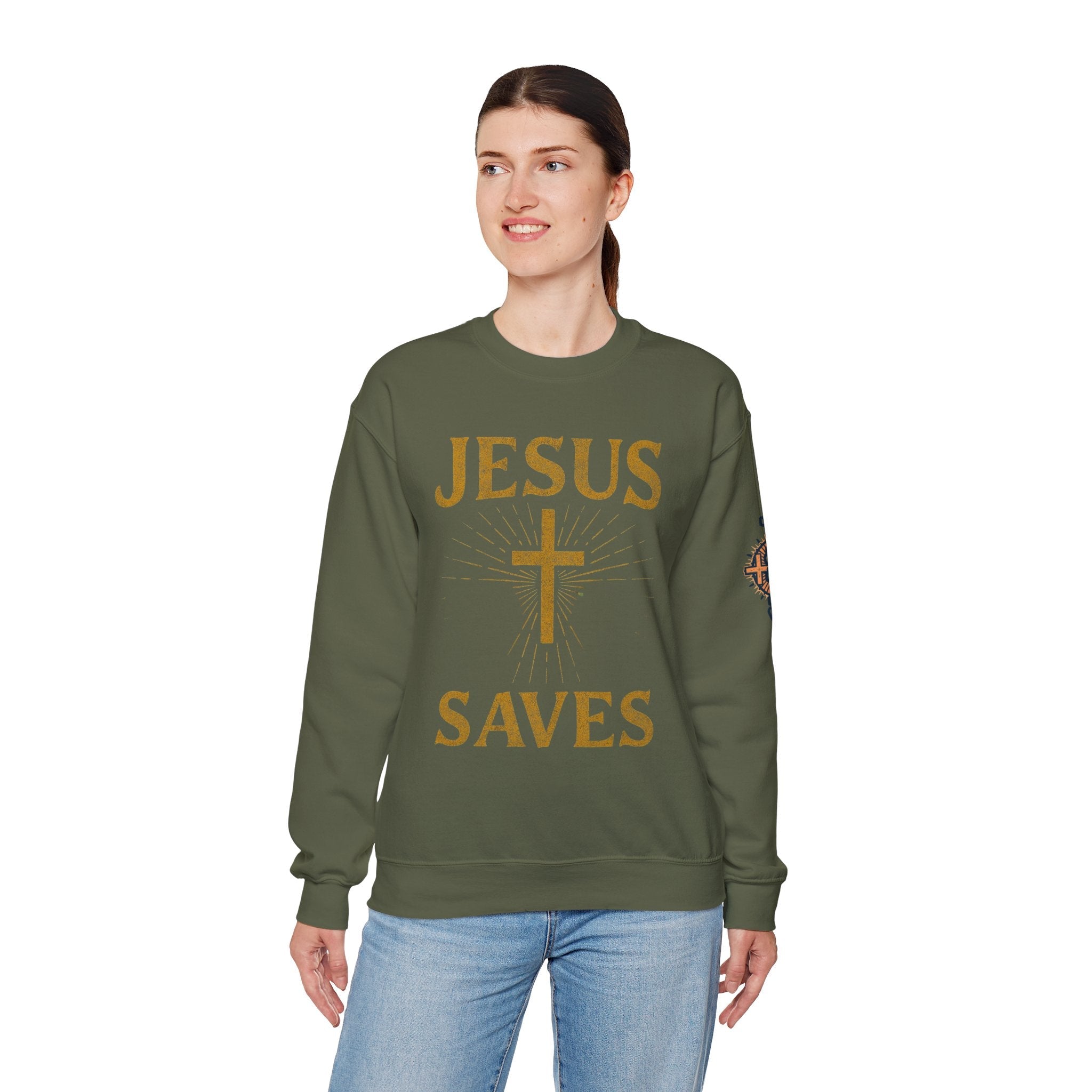 Jesus Saves Sweatshirt – Radiant Cross & Rays of Light Christian Sweatshirt for Eternal Hope & Faith Printify