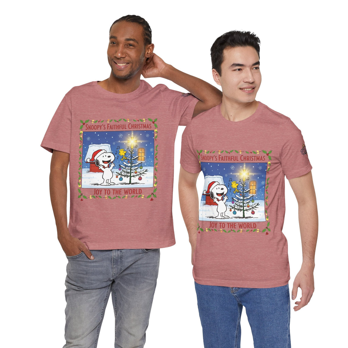 🎄 Faithful Christmas Friends – Christian Holiday T-Shirt | Festive Tree & Cartoon Duo | Heartwarming Christmas Tee by Uplifted Gear Printify