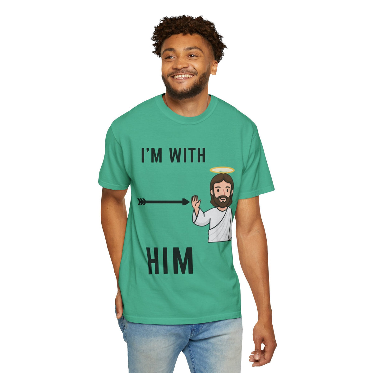 🔥 I’m With Him → Christian T-Shirt | Arrow Pointing to Jesus | Minimalist Faith Tee | Subtle Cross Design | Bible-Inspired Apparel by Uplifted Gear Printify