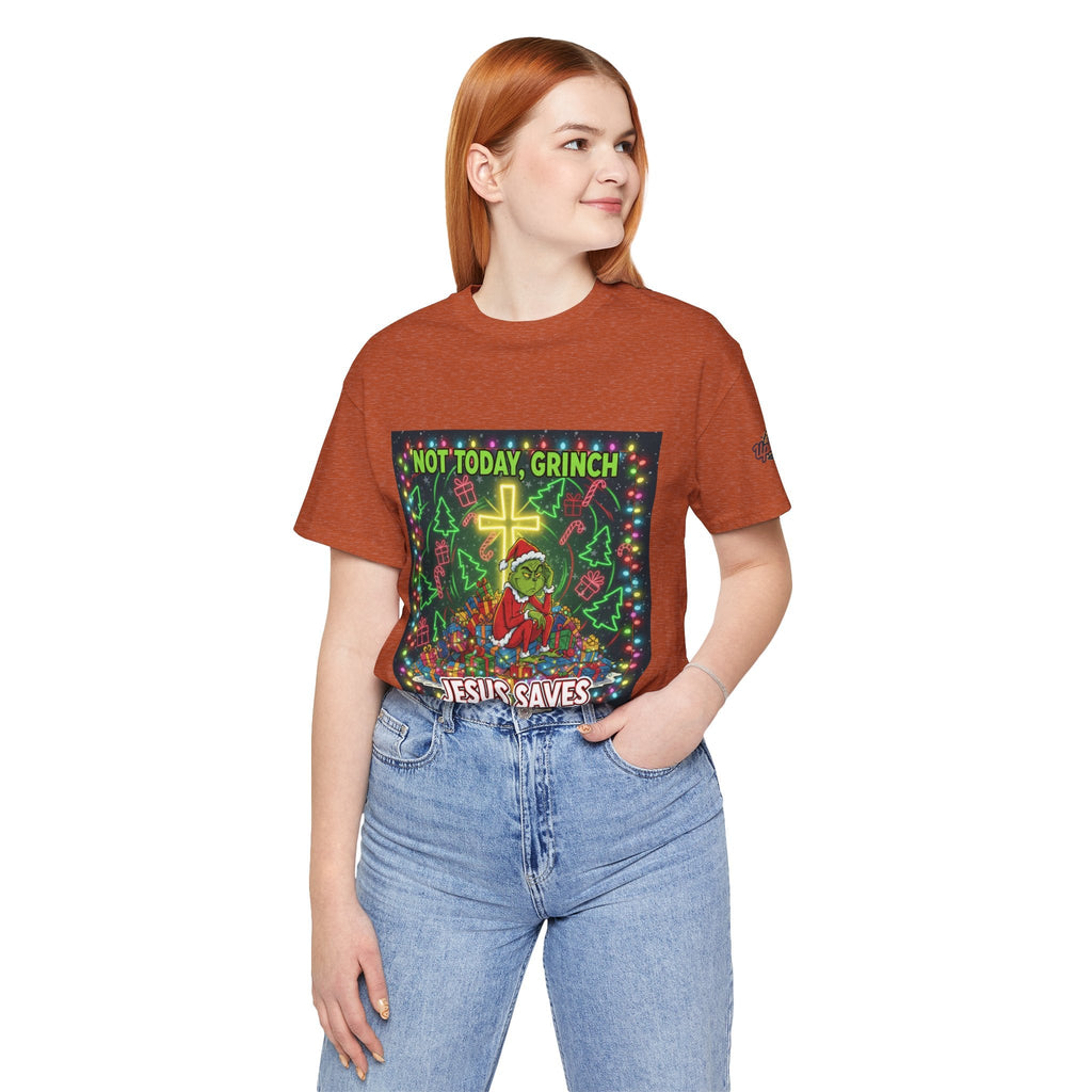 🎄 Not Today, Grinch – Jesus Saves | Funny Christian Christmas T-Shirt | Festive Green & Red Cartoon Style | Bold Faith Holiday Tee by Uplifted Gear Printify