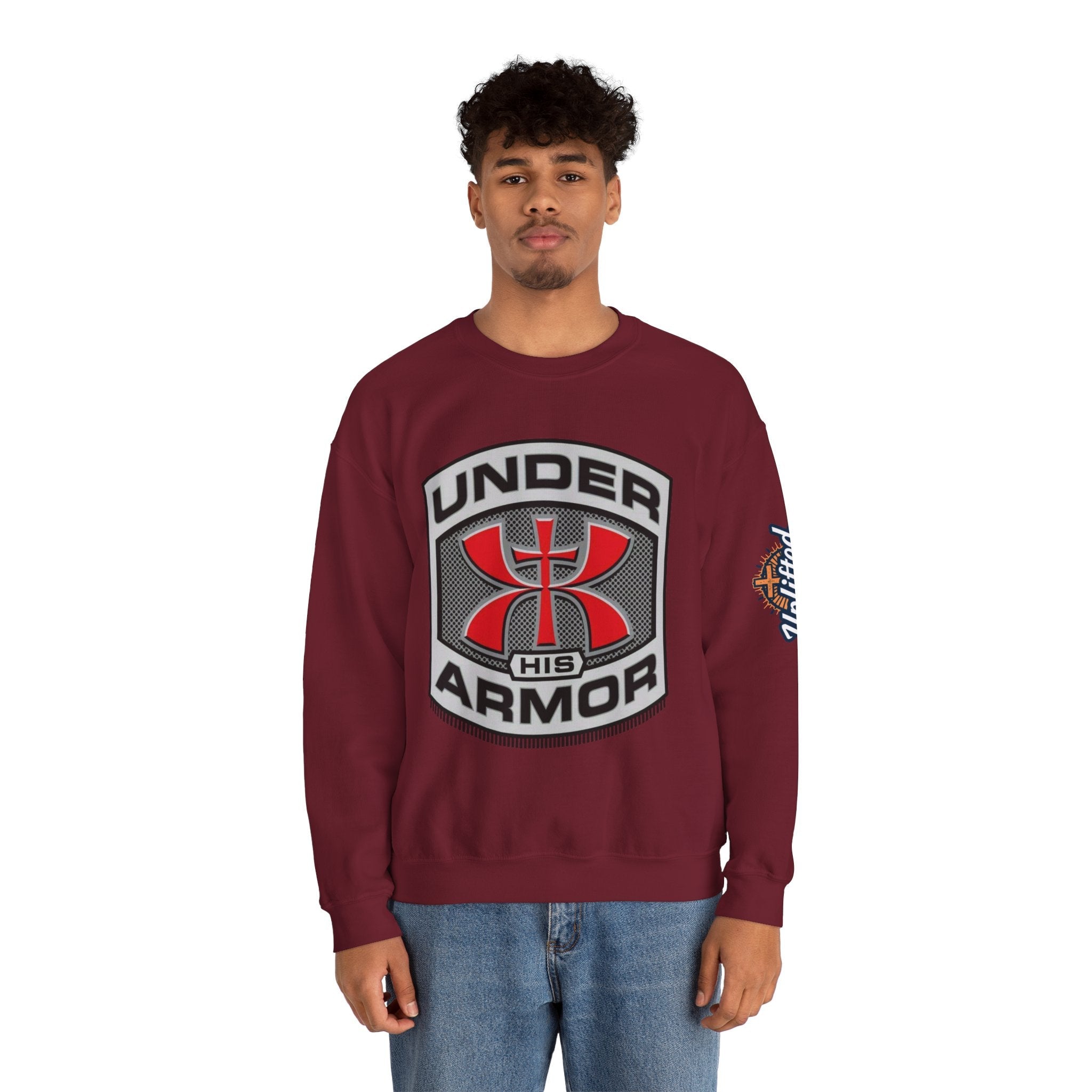 Under His Armor Crewneck Sweatshirt — Christian Faith Graphic Pullover Printify