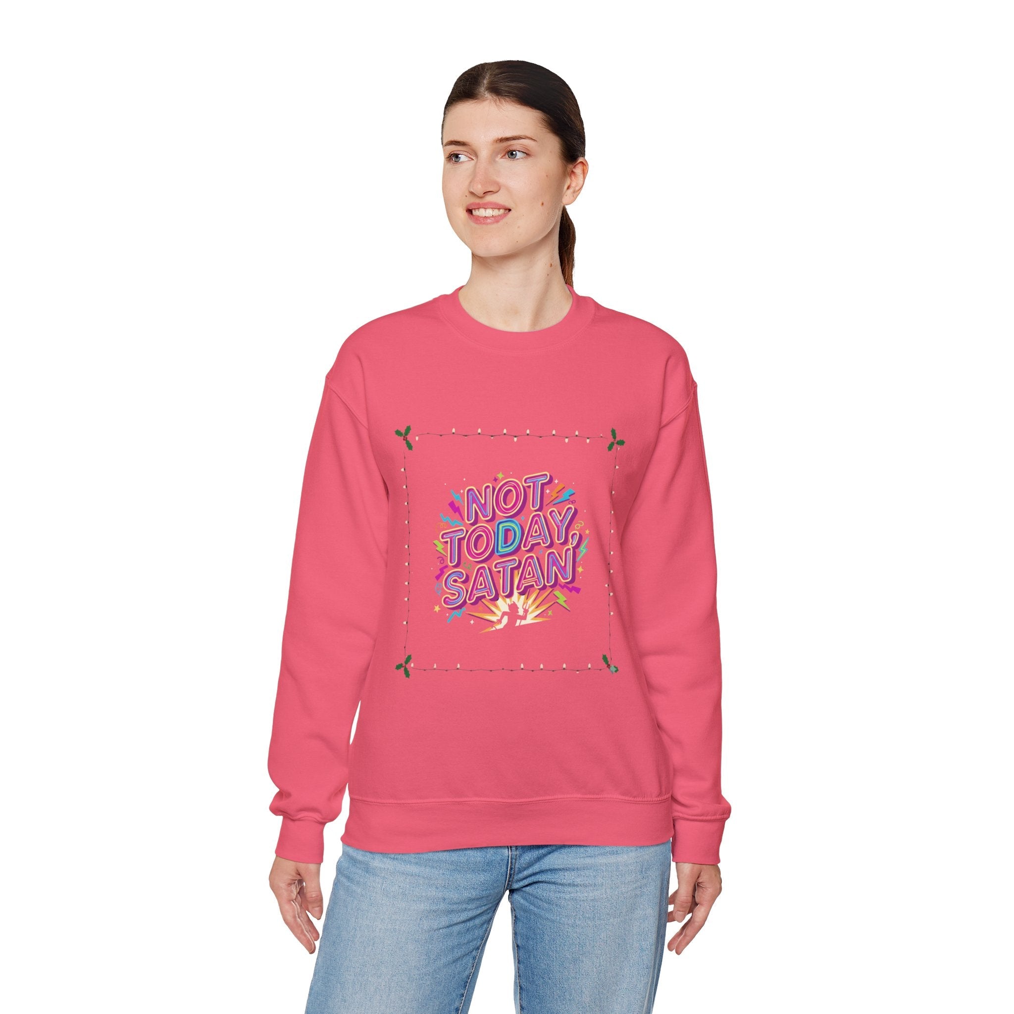 🔥 Not Today, Satan – Retro 90s Christian Sweatshirt | Neon Faith Tee | Funky Cartoon Devil | Bold Bible Verse Shirt | Uplifted Gear Printify