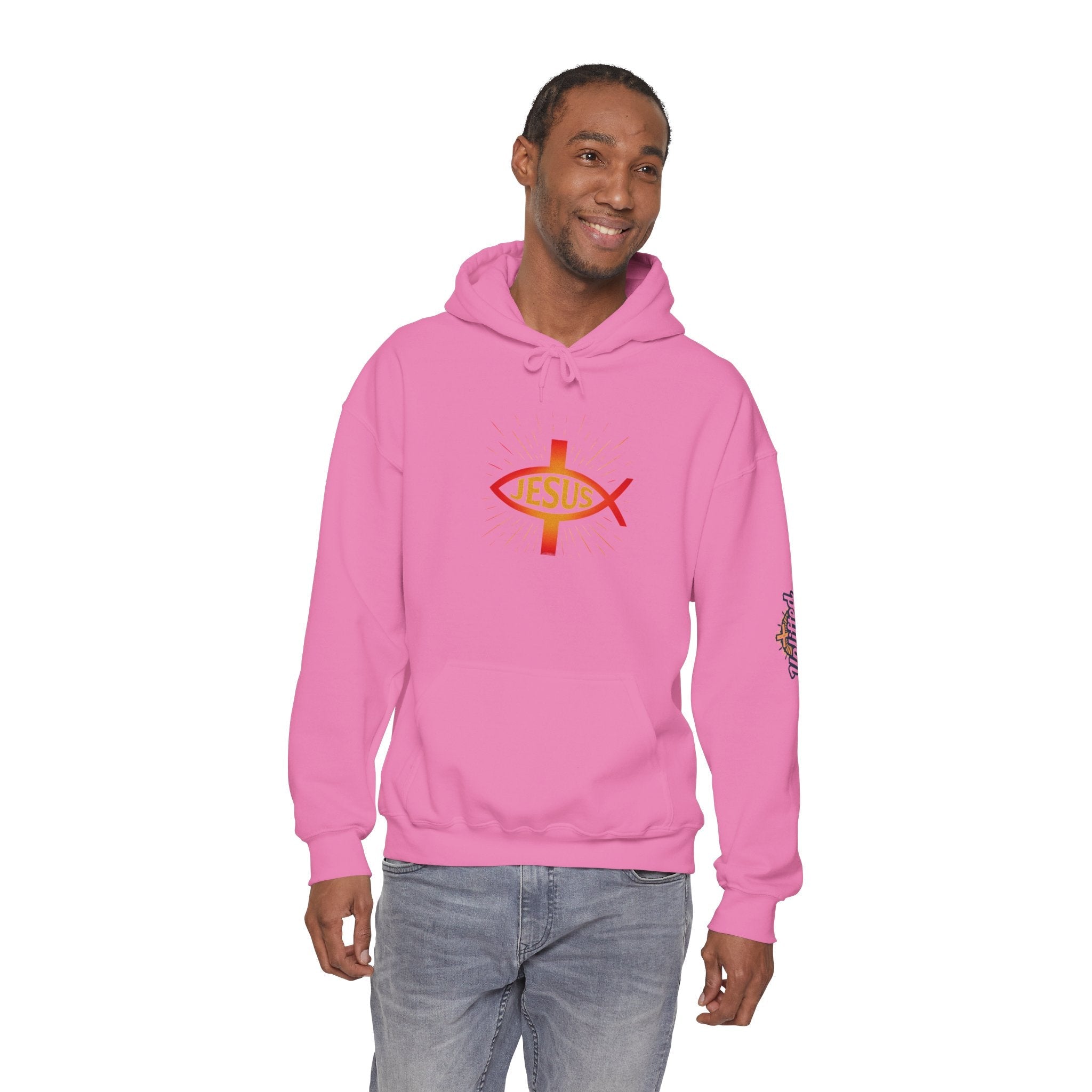 Jesus Ichthys Hoodie – Christian Fish Symbol with Cross & Jesus Inscription Sweatshirt for Eternal Faith & Streetwear Printify