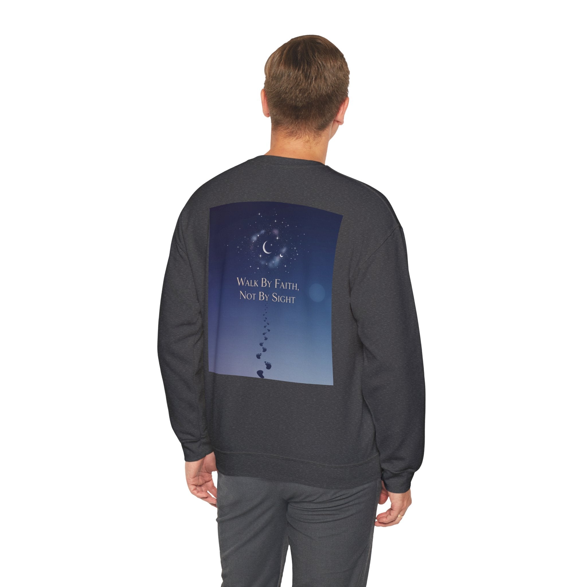 Walk by Faith, Not by Sight Sweatshirt – Moonlit Footprints Christian Sweatshirt for Cozy Nights Printify