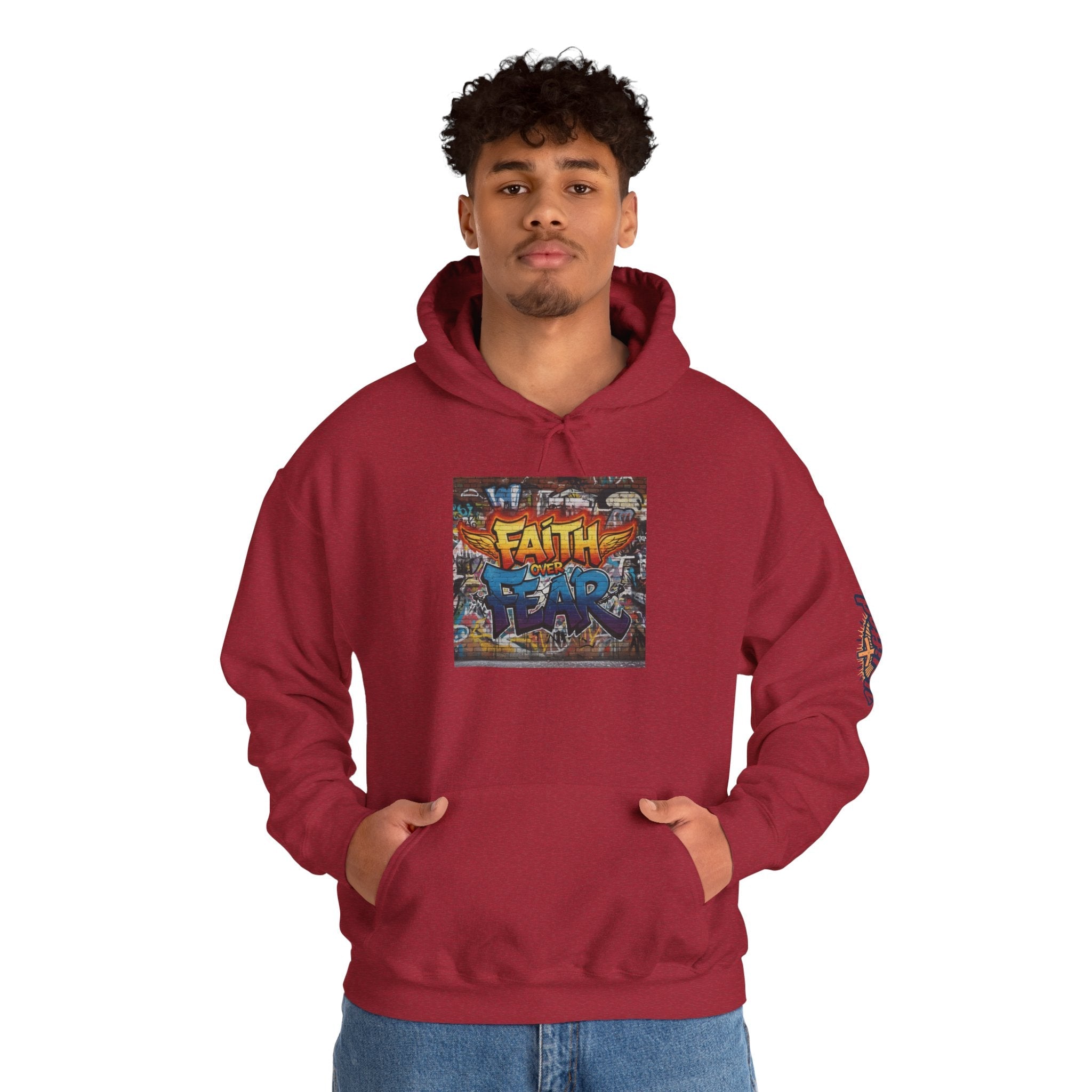 Faith Over Fear Hoodie – Graffiti Wall Christian Sweatshirt for Bold 2 Corinthians 5:7 Streetwear & Unshakable Faith Printify