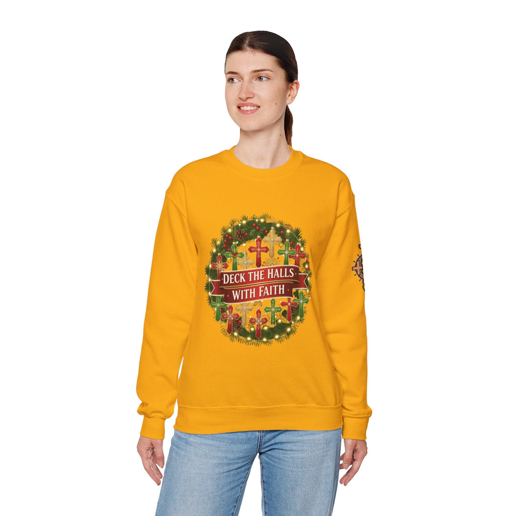 🎄 Deck the Halls with Faith – Christian Christmas Sweatshirt | Cross Ornament Design & Festive Garland | Bold Holiday Faith Tee by Uplifted Gear Printify