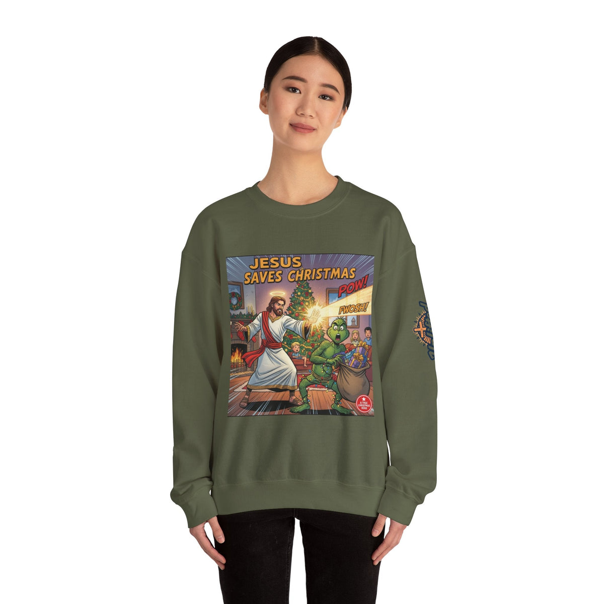Jesus Saves Christmas Sweatshirt – Grinch vs Savior Light Battle Christian Sweatshirt for Hilarious Holiday Faith & True Joy Printify