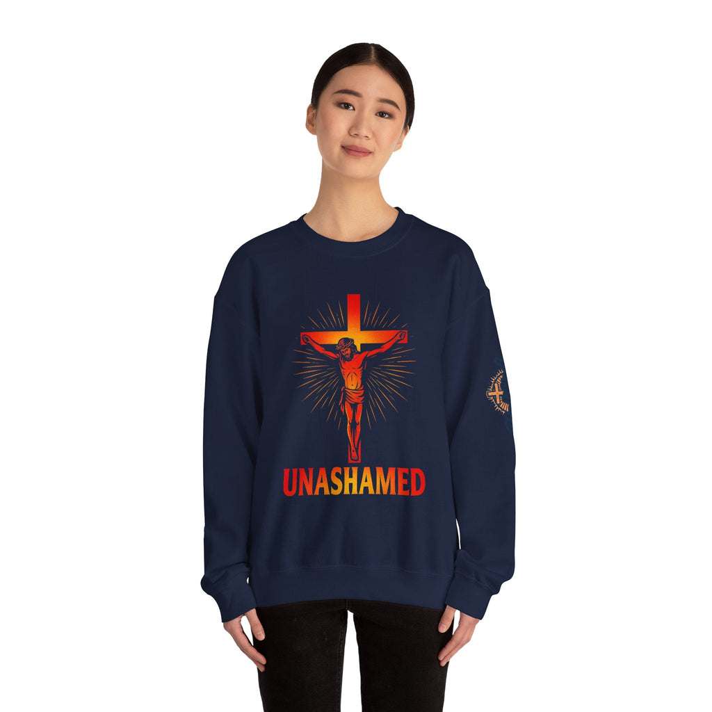 Unashamed Sweatshirt – Romans 1:16 Crucifixion Christian Sweatshirt for Bold Unwavering Faith Printify