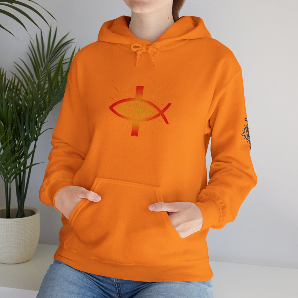 Jesus Ichthys Hoodie – Christian Fish Symbol with Cross & Jesus Inscription Sweatshirt for Eternal Faith & Streetwear Printify