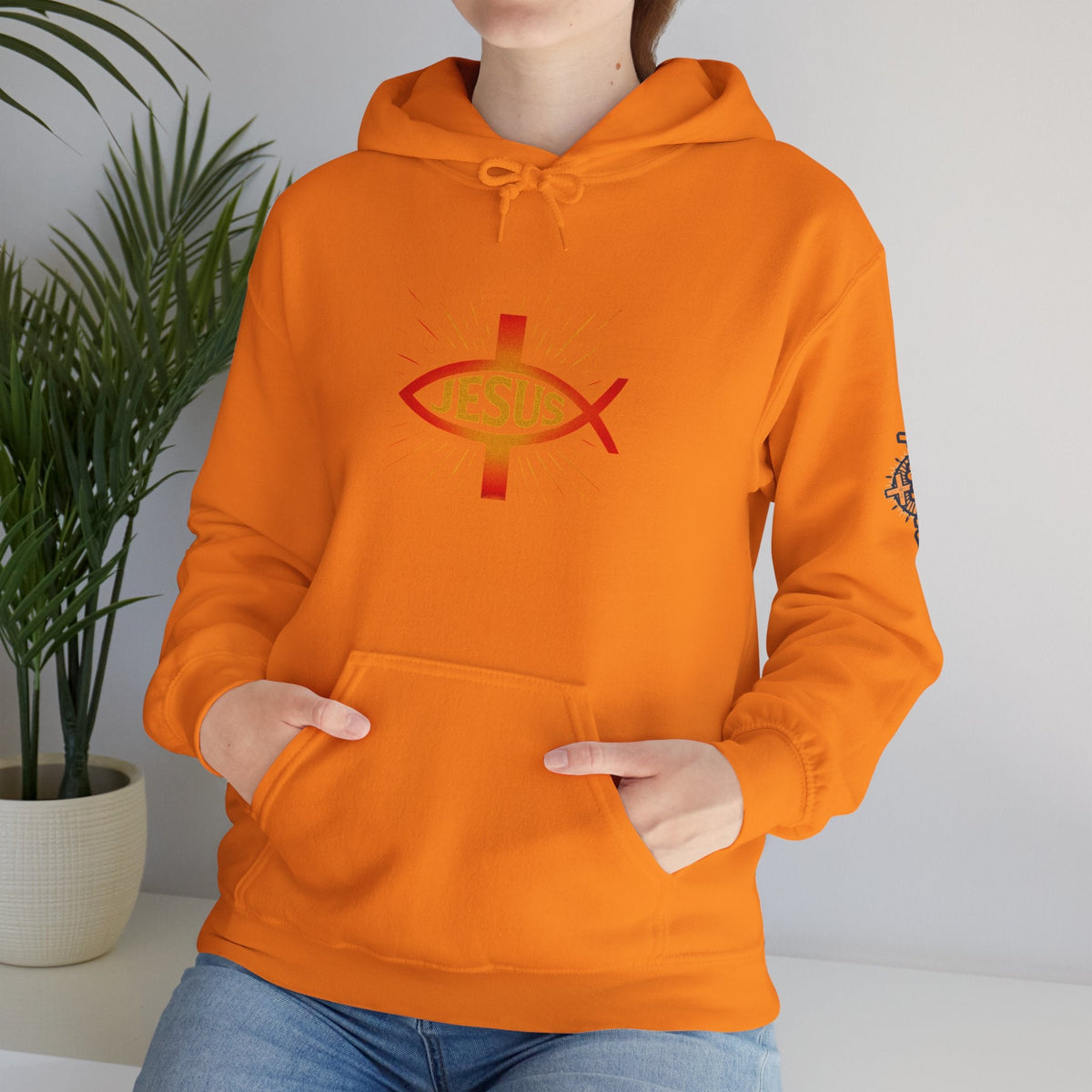Jesus Ichthys Hoodie – Christian Fish Symbol with Cross & Jesus Inscription Sweatshirt for Eternal Faith & Streetwear Printify