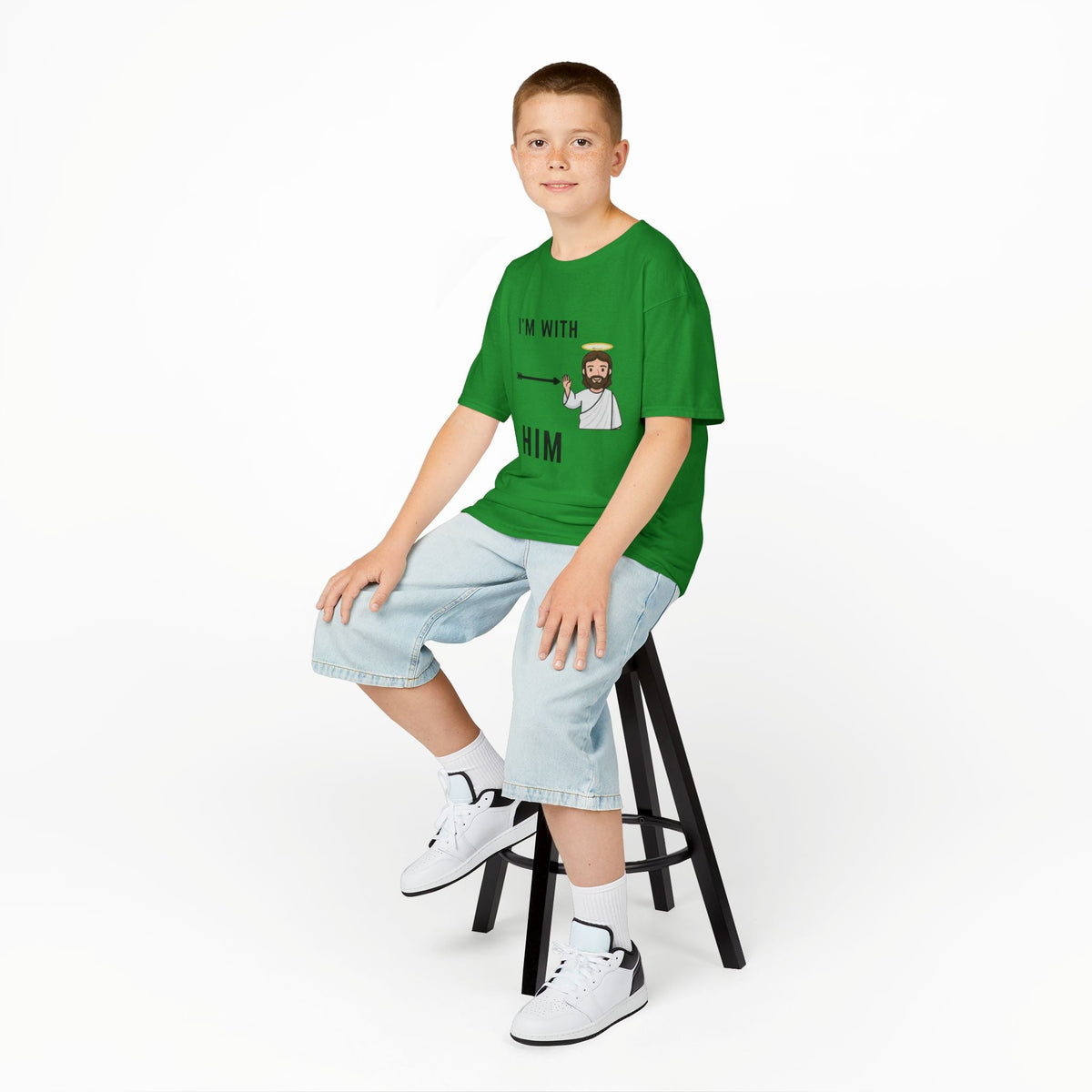 🔥 I’m With Him → Christian Kids T-Shirt | Arrow Pointing to Jesus | Minimalist Faith Tee | Subtle Cross Design | Bible-Inspired Apparel by Uplifted Gear Printify