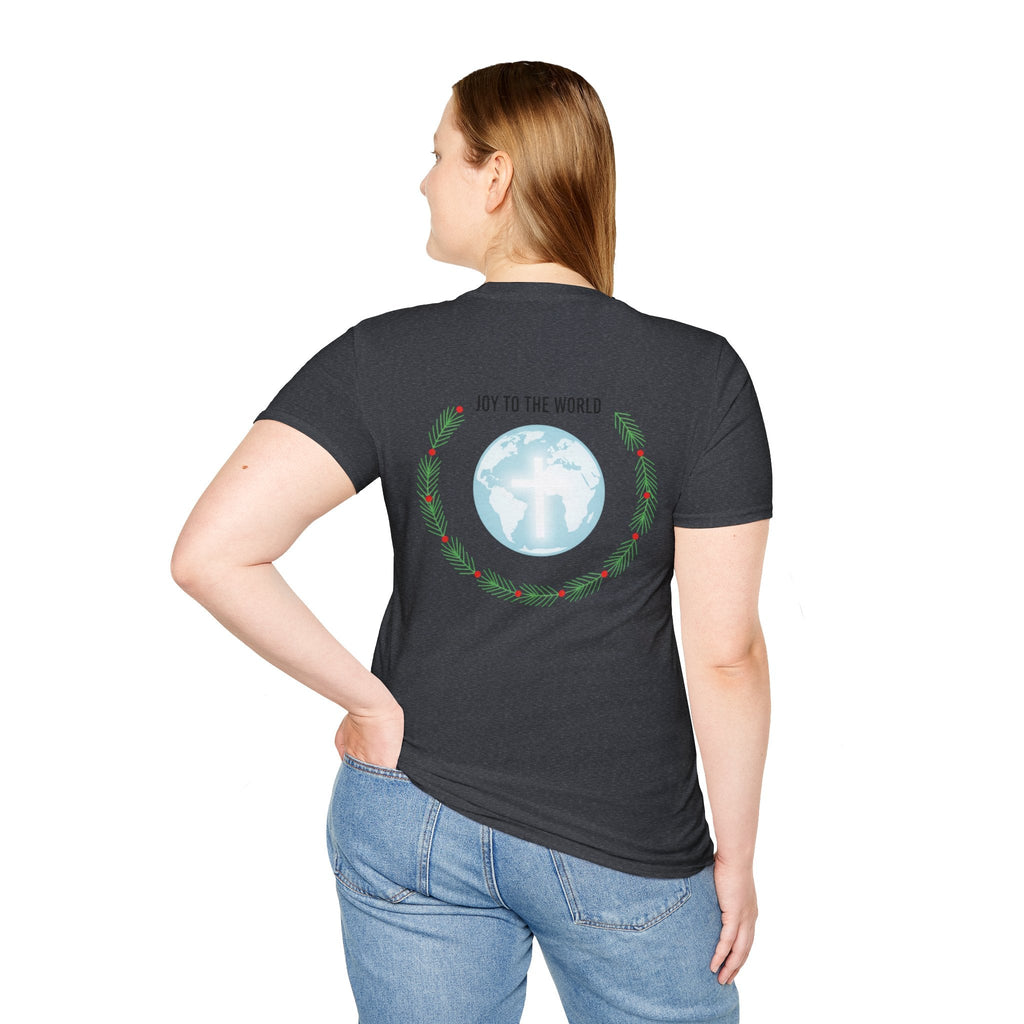 Joy to the World T-shirt – Wreath Earth Nativity Christian Christmas T-shirt for Isaiah 9:6 Holiday Faith & Festive Joy Printify