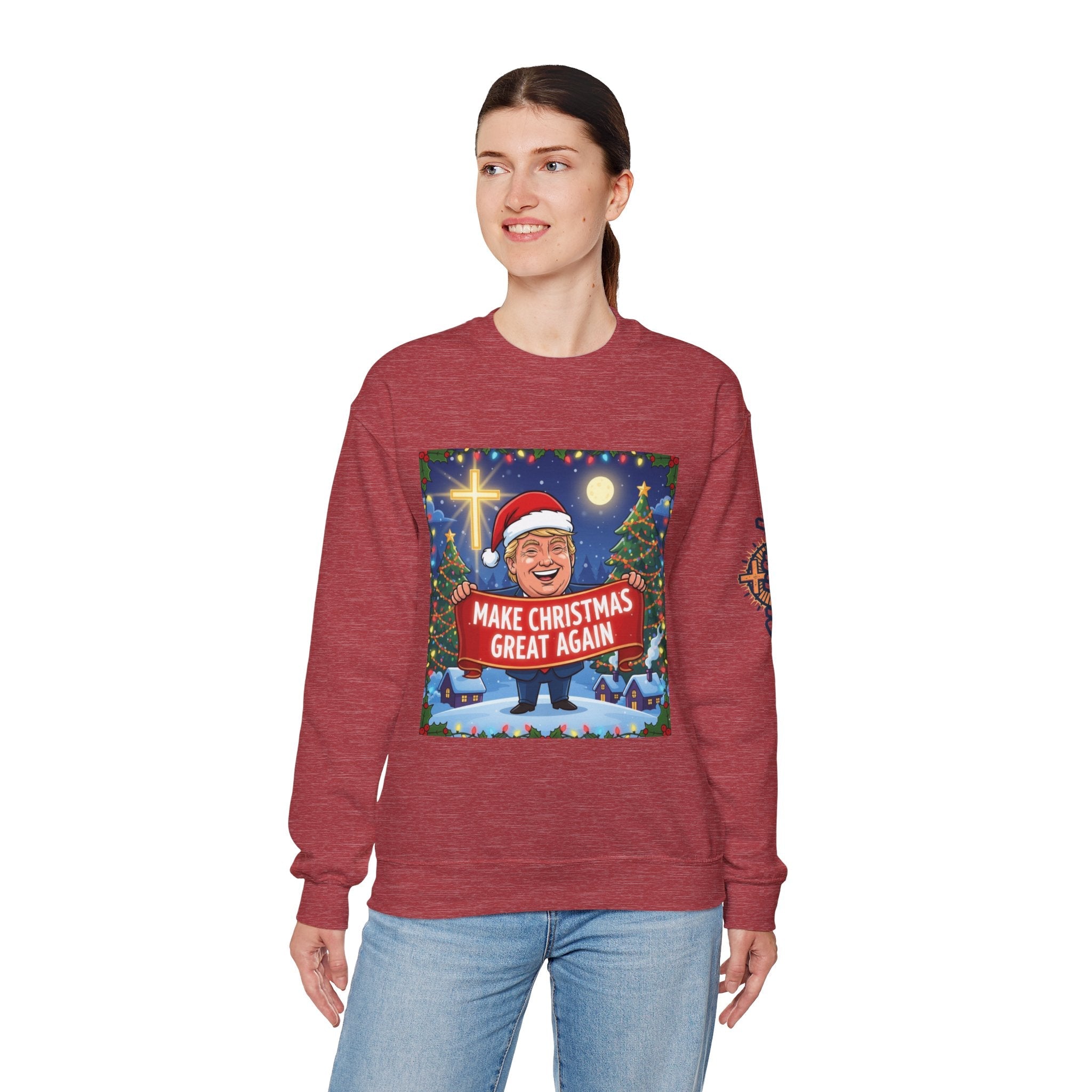 🎄 Make Christmas Great Again – Patriotic Christian Christmas Sweatshirt | Bold Holiday Faith Tee | Red & White Banner Design | Uplifted Gear Printify
