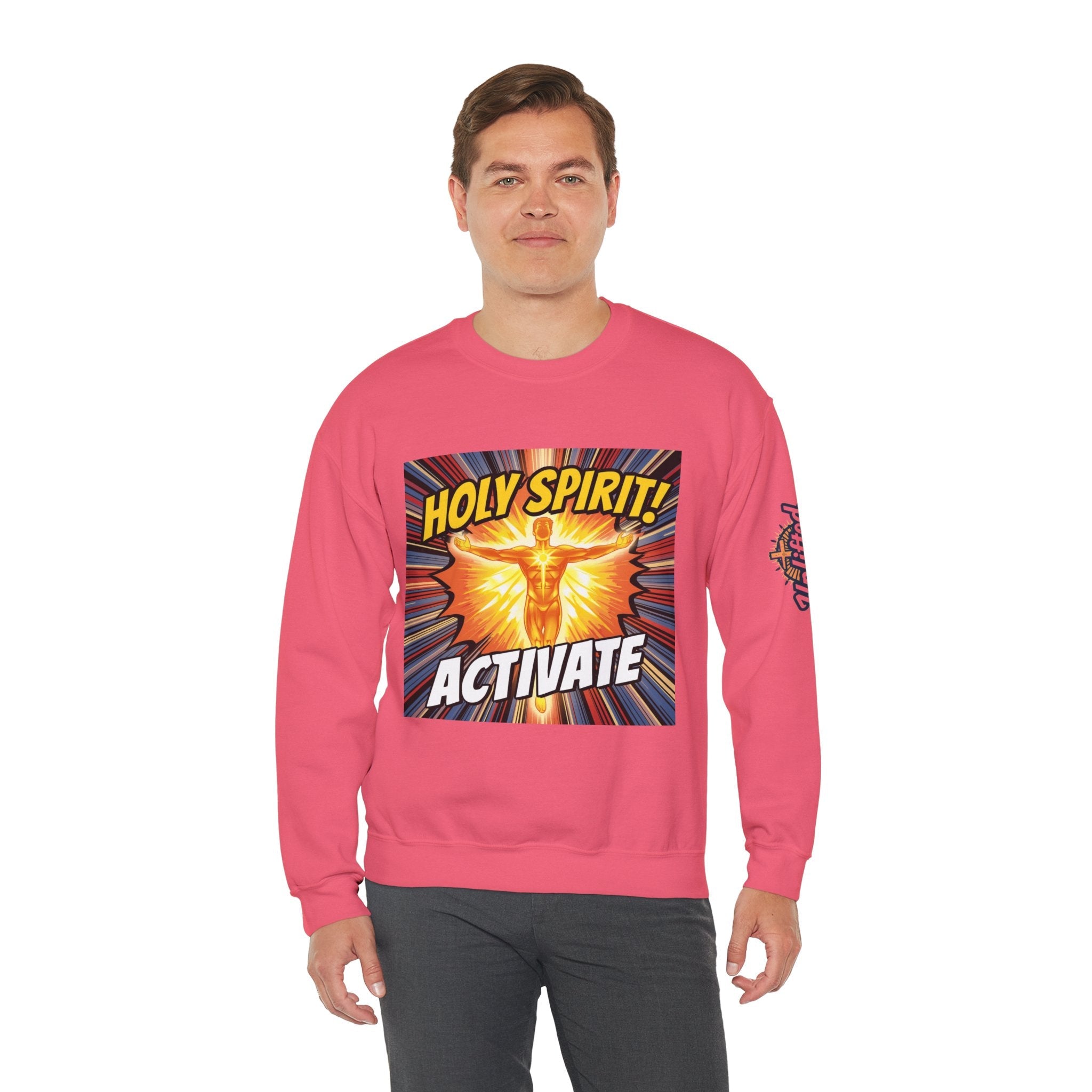 Holy Spirit Activate Sweatshirt – Superhero Christian Sweatshirt with Vibrant Power-Up Design for Faith-Fueled Boldness Printify