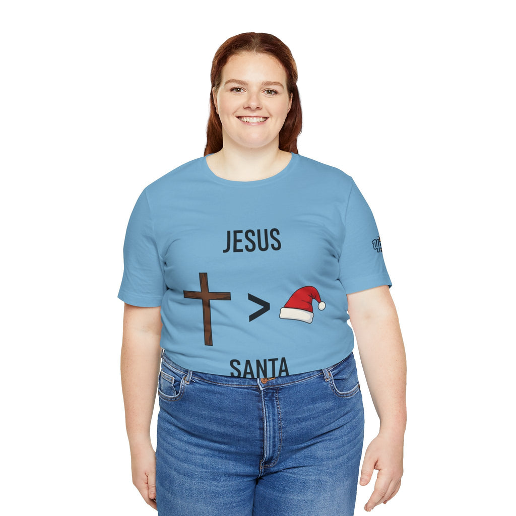 🎄 Jesus > Santa – Minimalist Christian Christmas T-Shirt | Bold Faith Over Holiday Tee | Cross vs Santa Hat Design | Uplifted Gear Printify